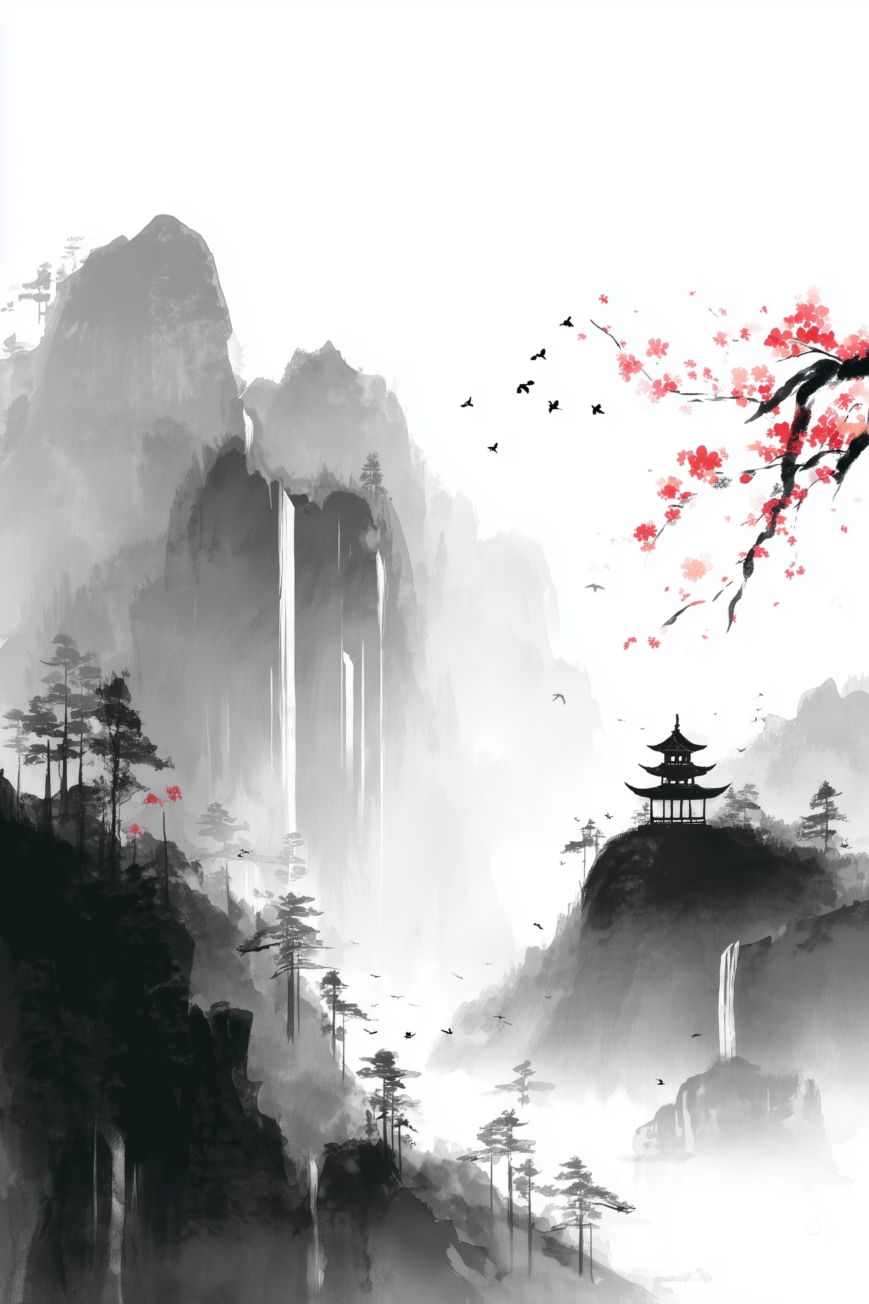 A minimalist East Asian ink-wash landscape with strong negative space. On the left side, tall
