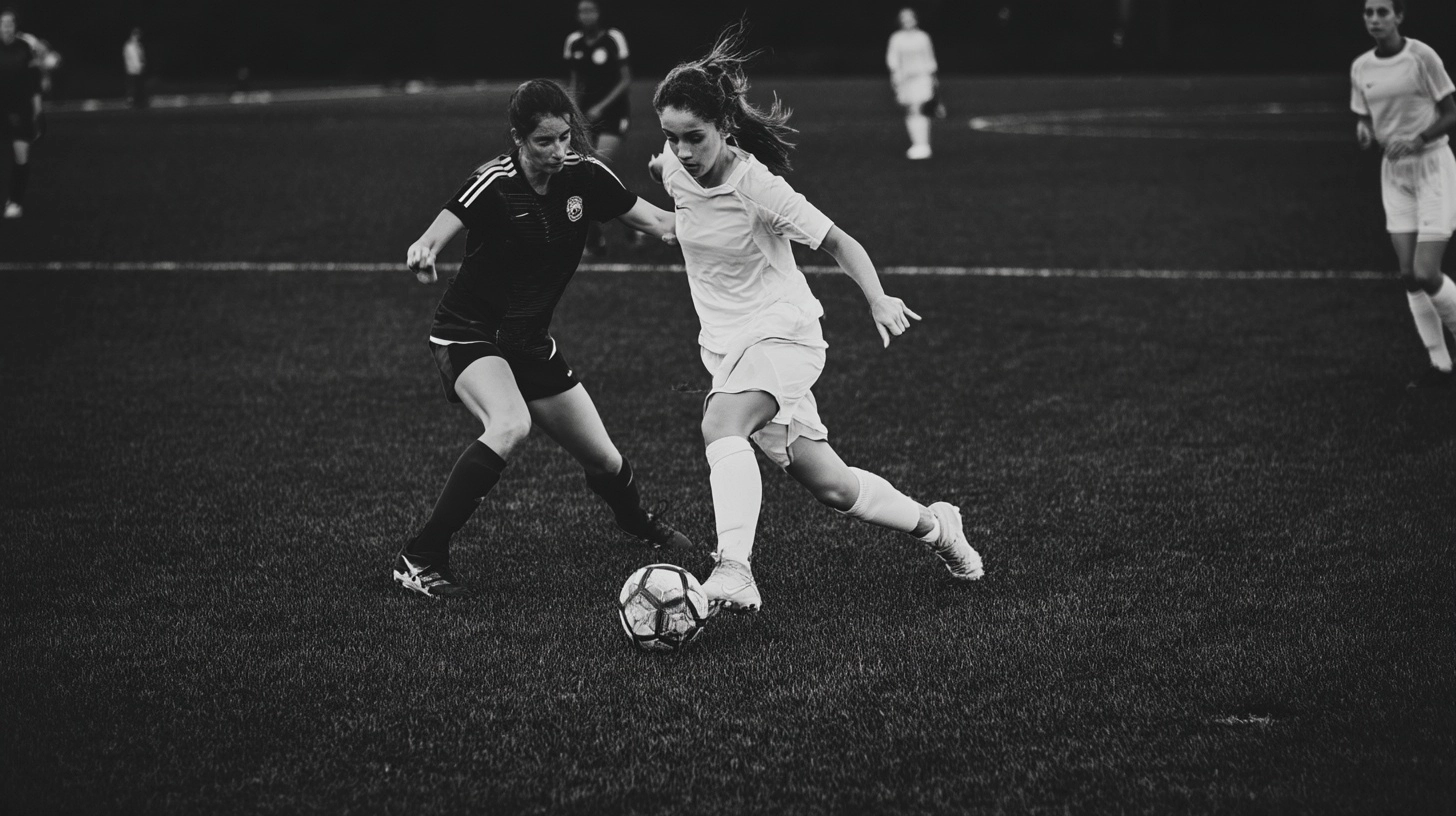 A dynamic black and white photo of a young soccer player photographed as if in a real game as they d