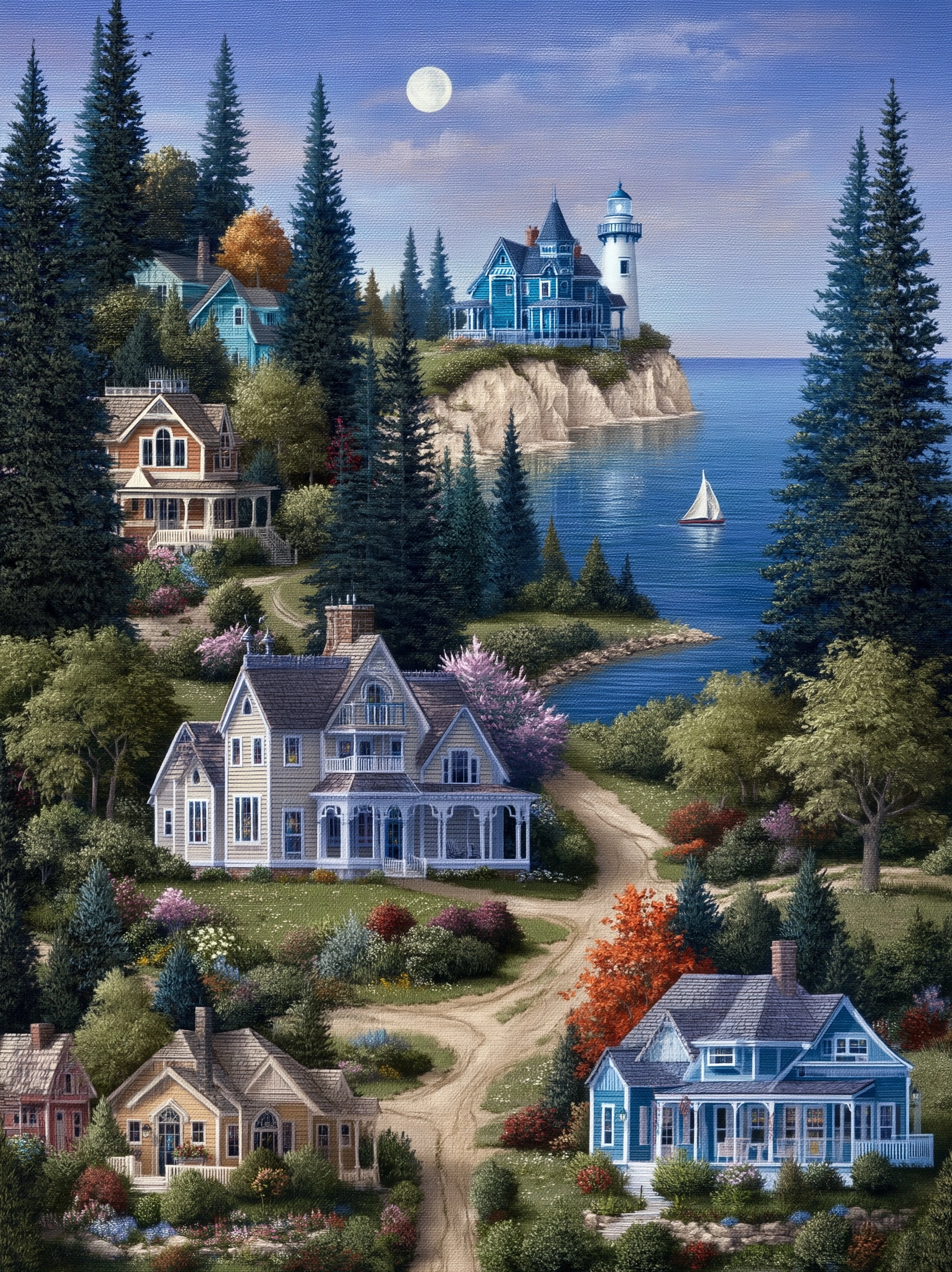 Simple coastal cottages circling a Community Center among the tall spruce pines near Lake Michigan