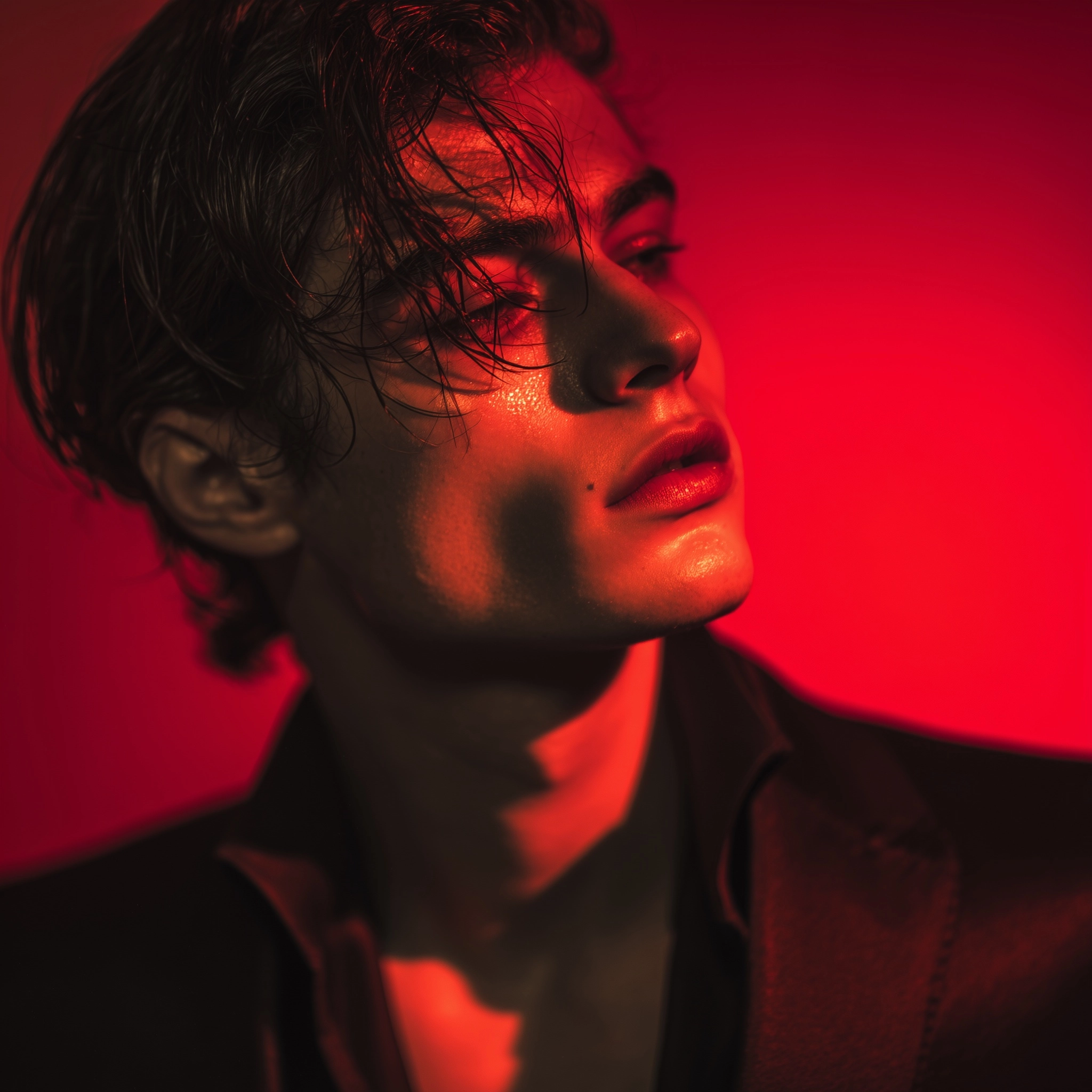 A cold and seductive young man under red neon light, half-lidded eyes, expressionless face