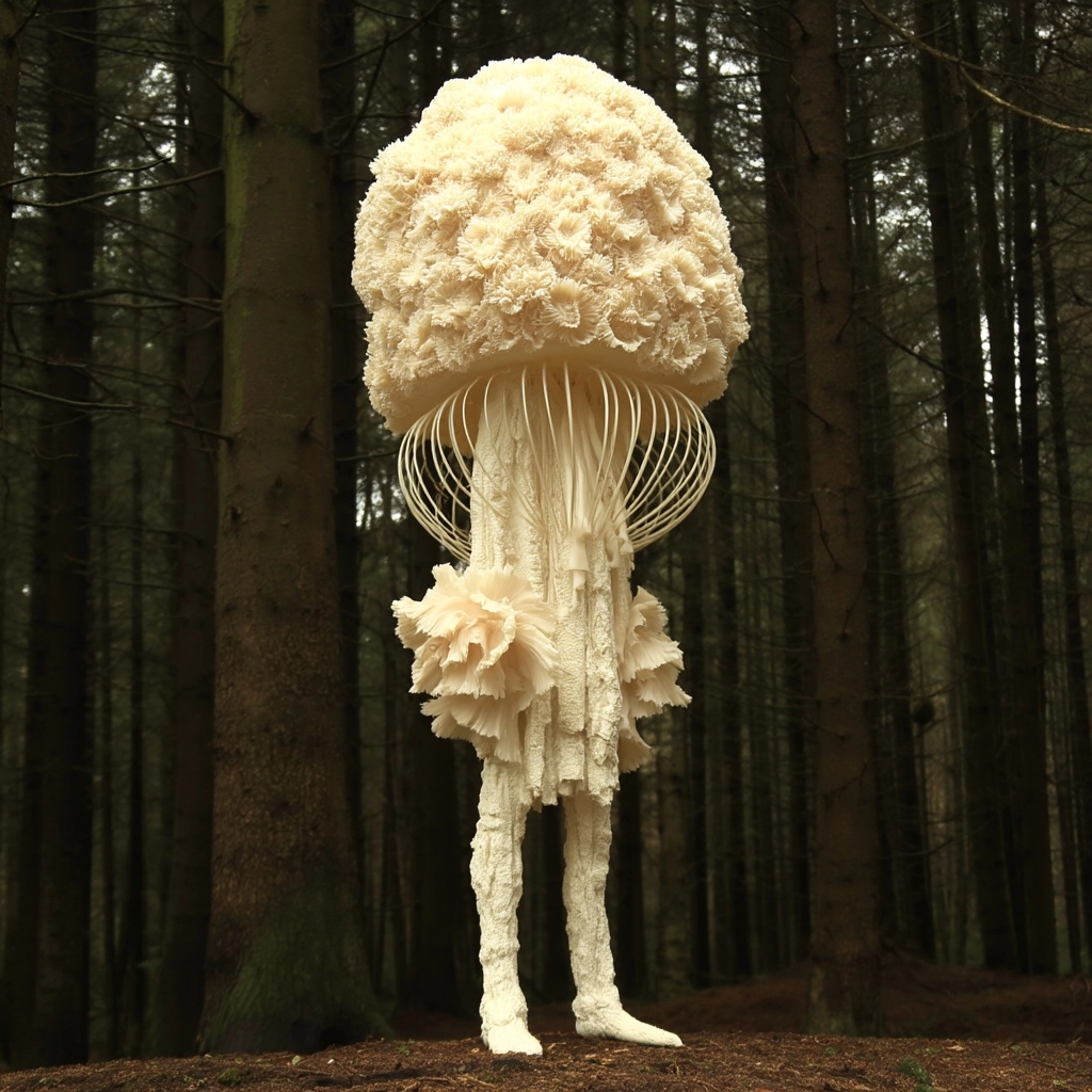 The figure stands in the forest like a pale biological idol