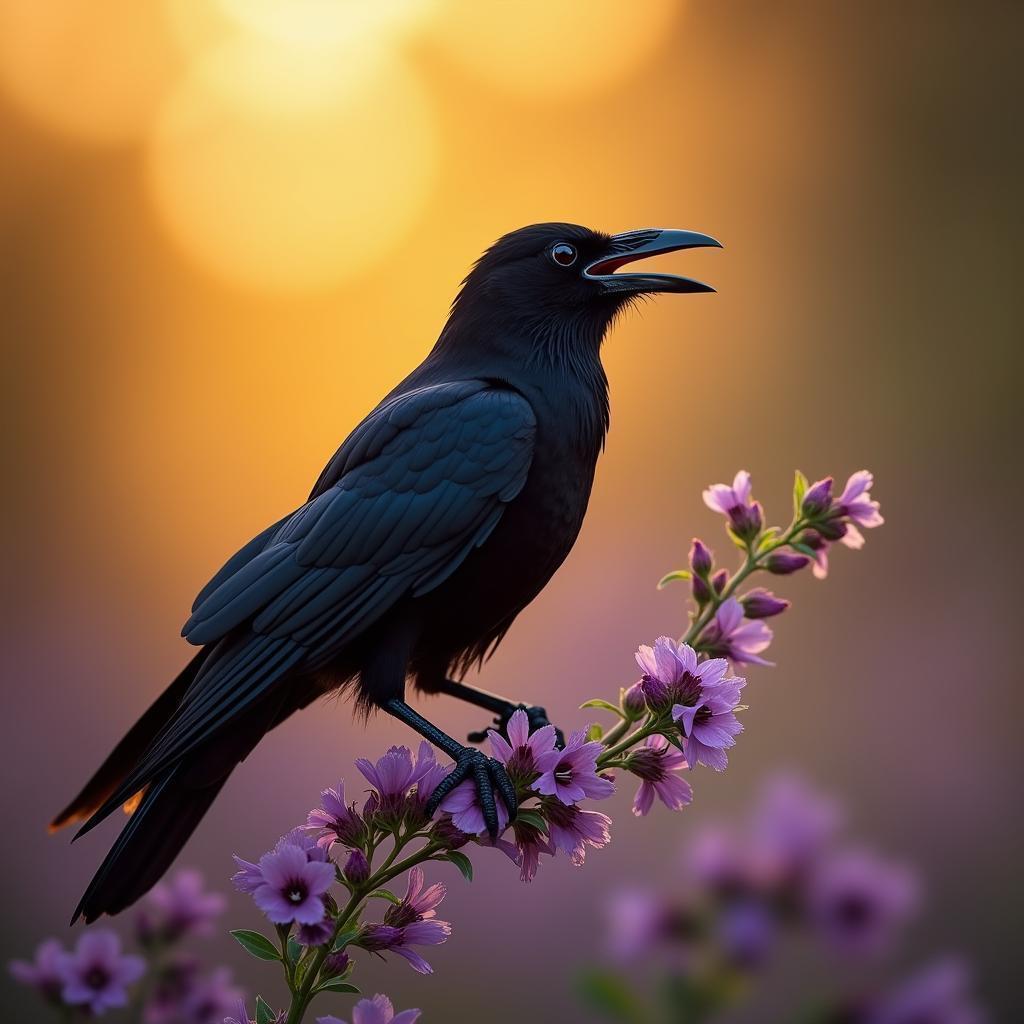 Black Raven Singing on a Purple Flower