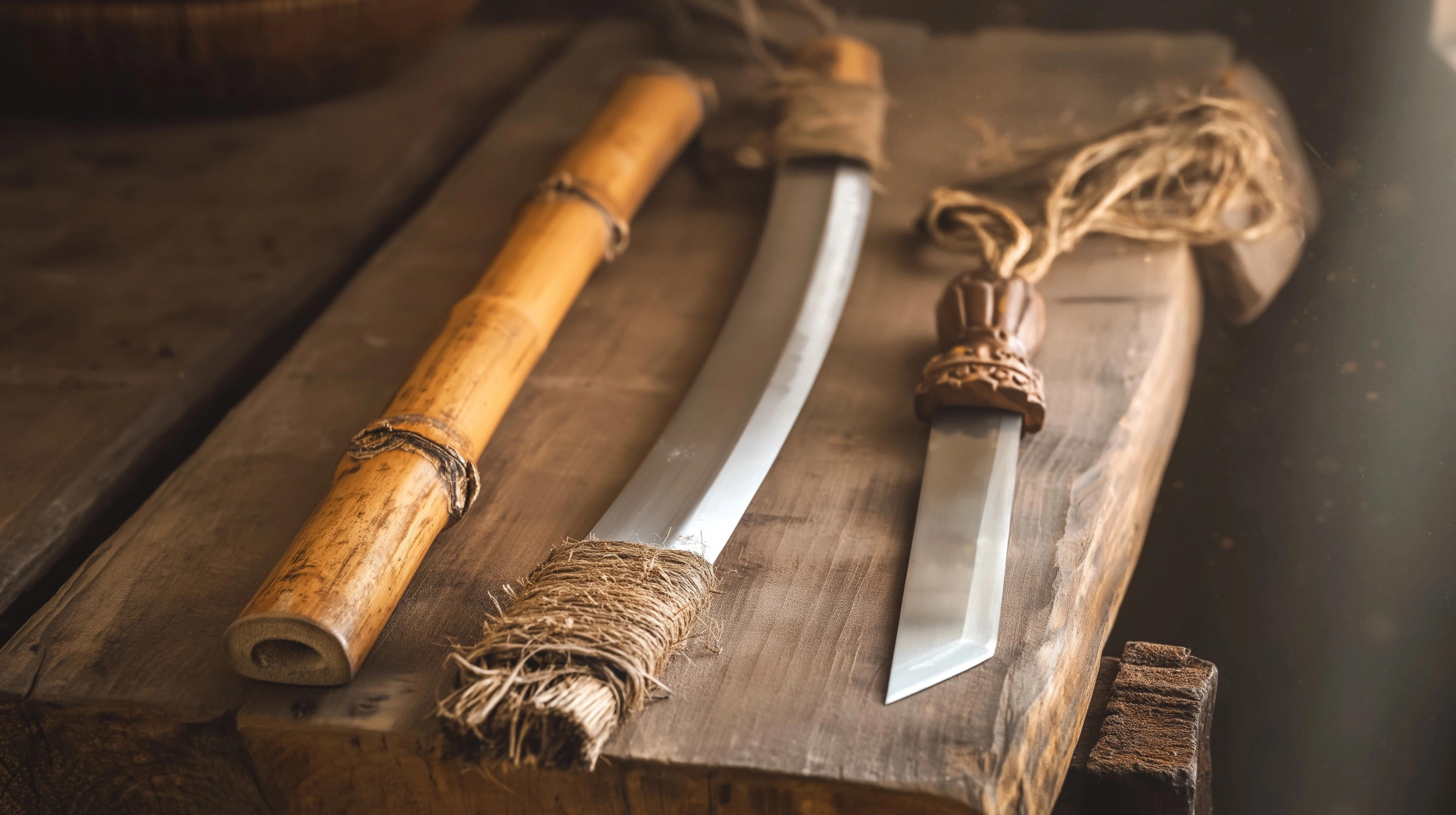 A photorealistic product shot of three Tang Dynasty blades arranged on a rough wooden workbench in a