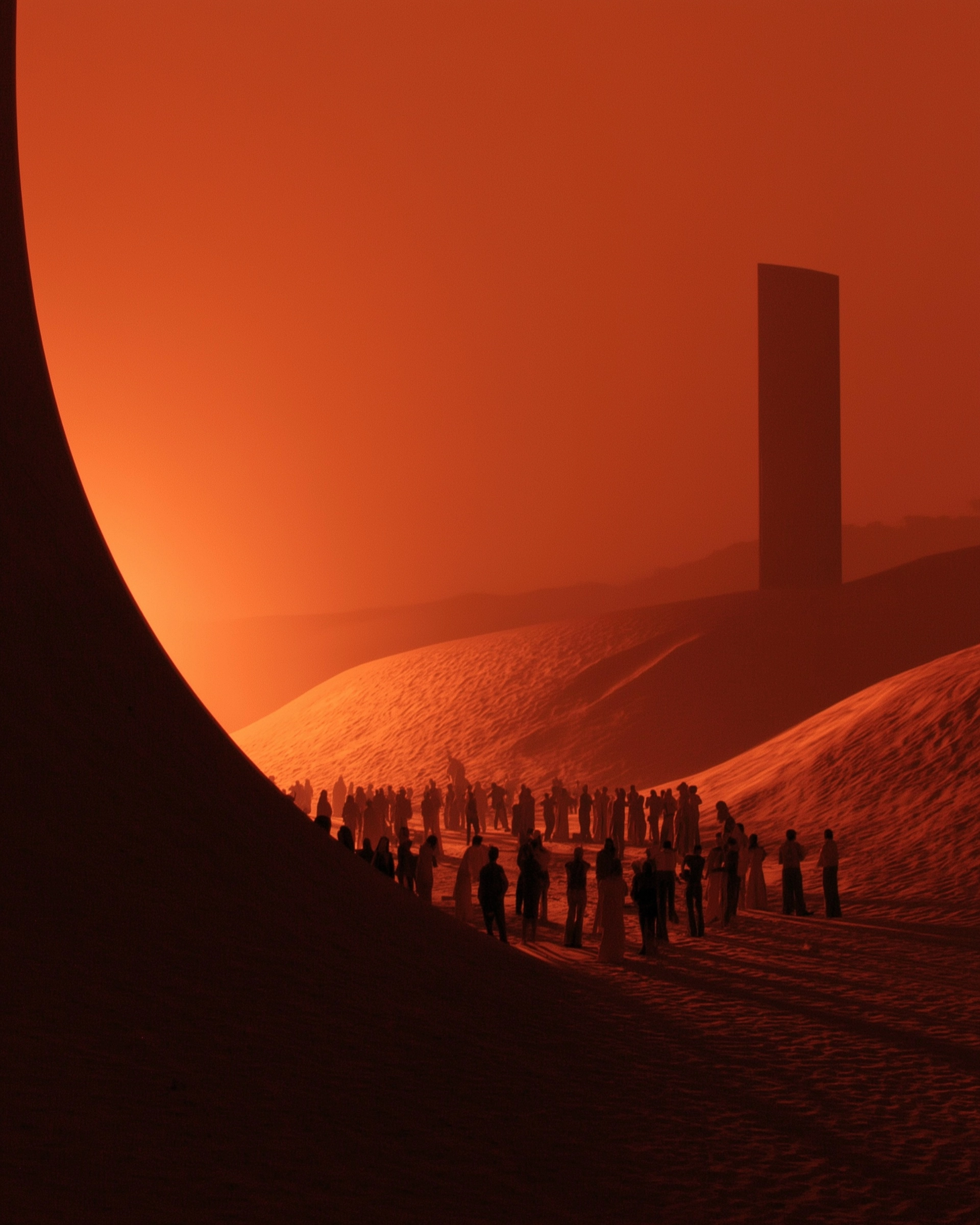 Monumental desert landscape for a night rave poster, Arrakis-inspired