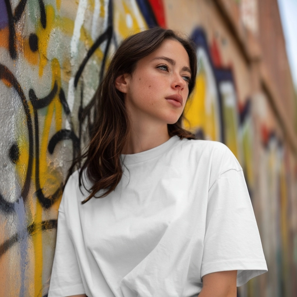 Una mujer usando una playera blanca overzised en un fondo urbano con grafitti que diga og studio