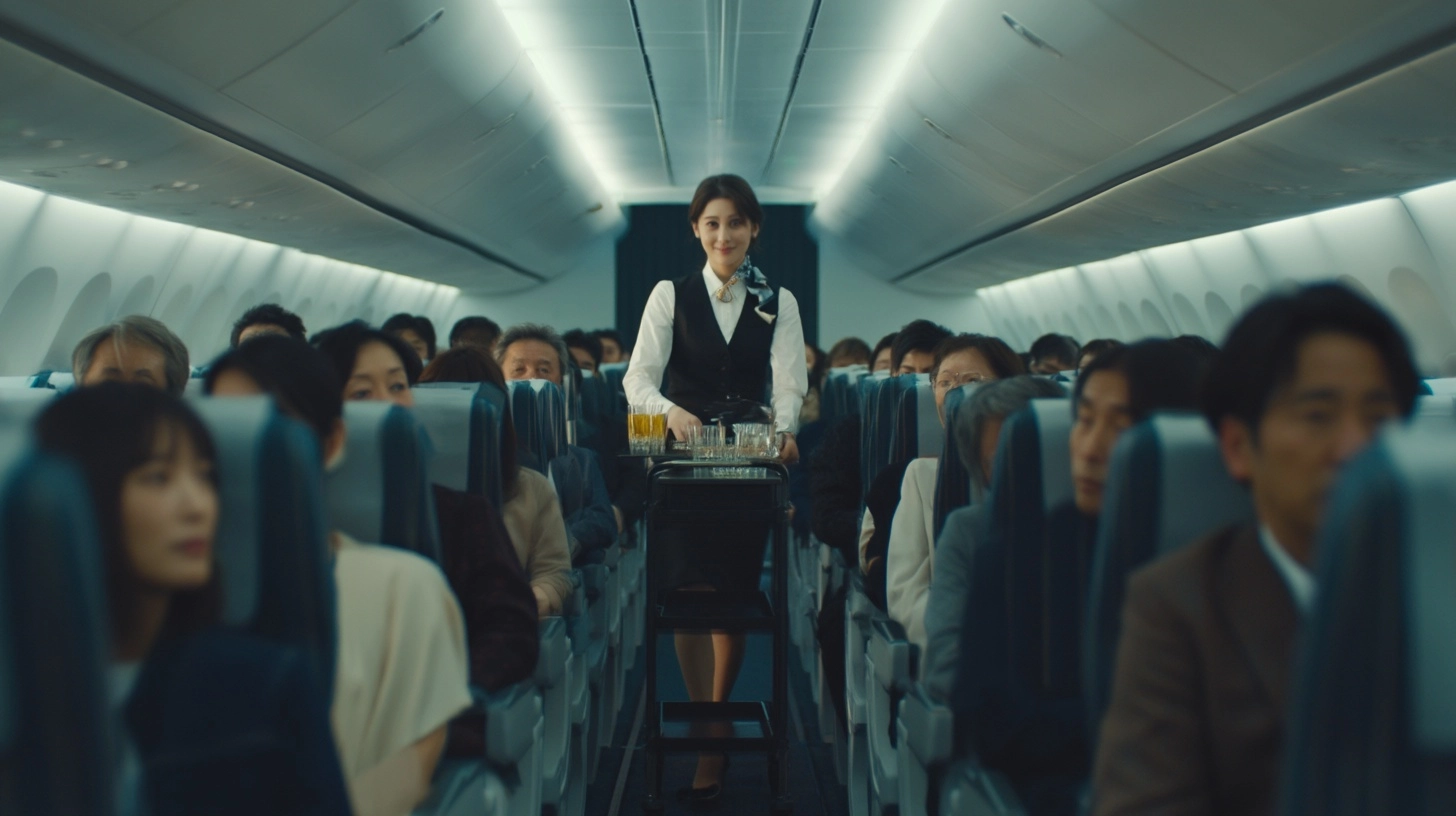 Photorealistic live-action scene inside a commercial airplane cabin