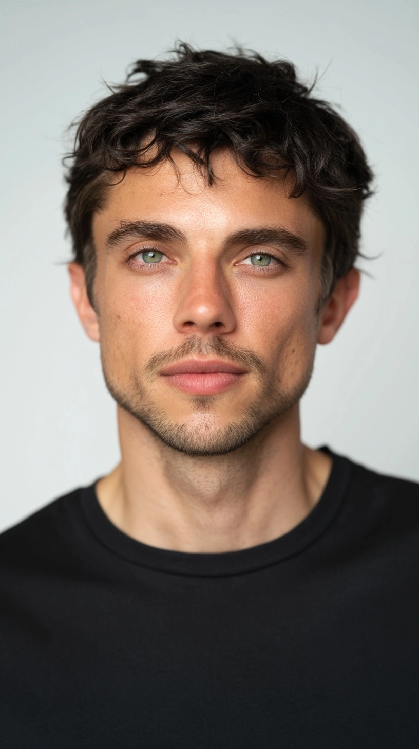 A professional model casting portrait + 27-year-old male model + dark brown hair, green eyes