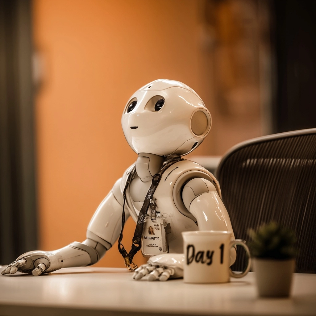 Corporate employee headshot photo of a friendly robot sitting at an office desk on their first day a