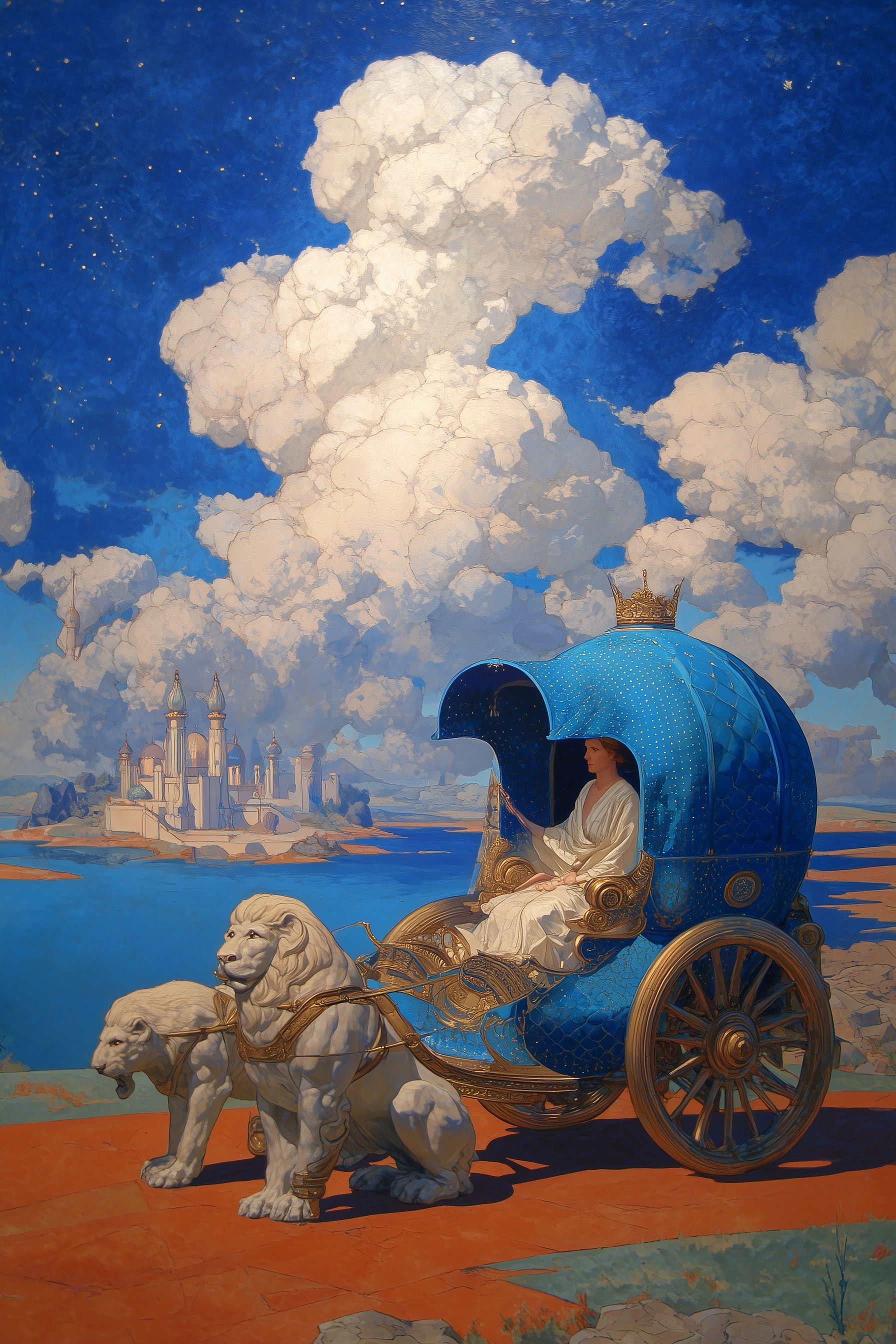 In the painted, genre and artistic style of Maxfield Parrish an man with a star crown sits in a char