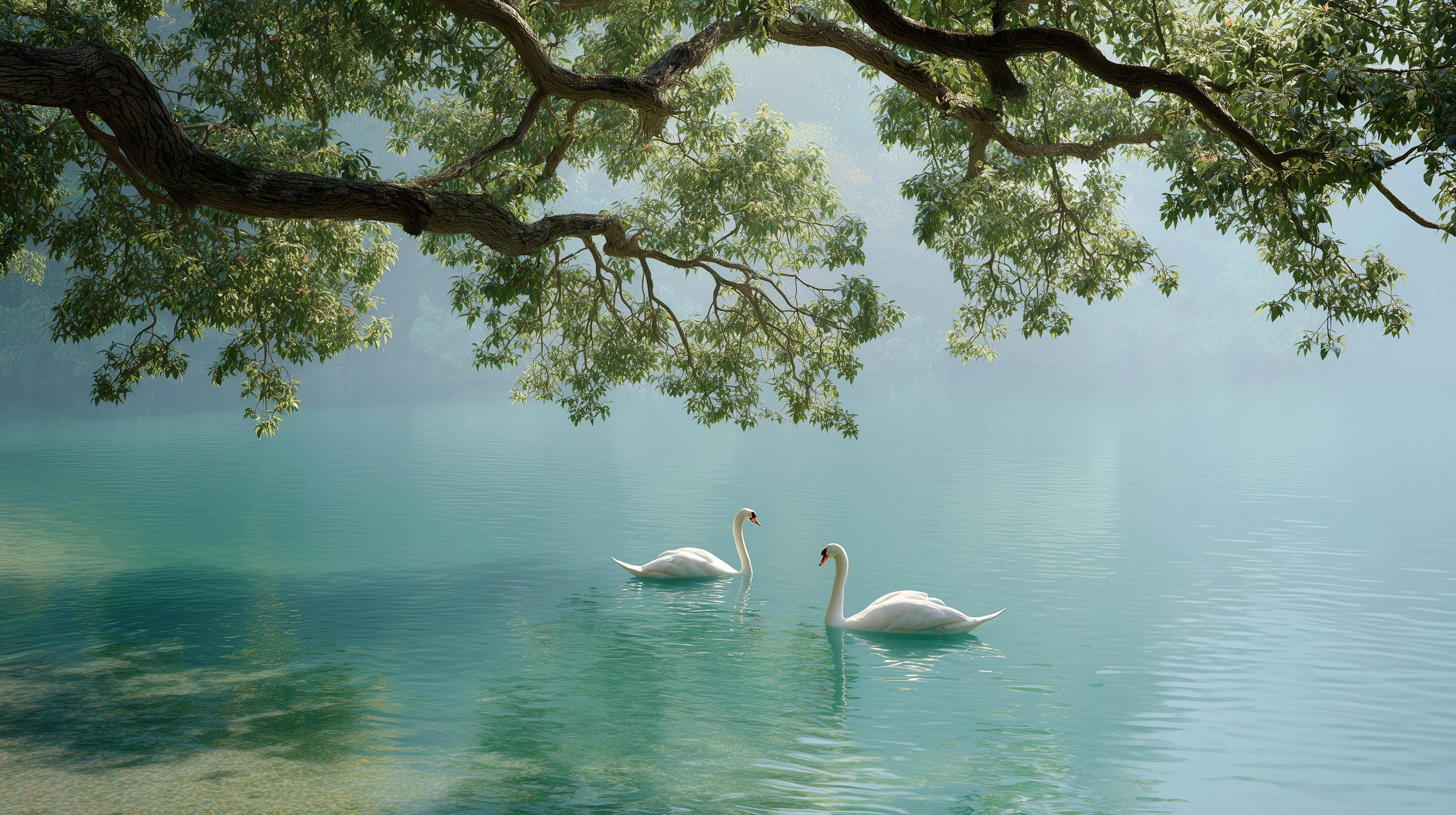 A beautiful and ethereal cinematic shot of a serene lake with crystal-clear