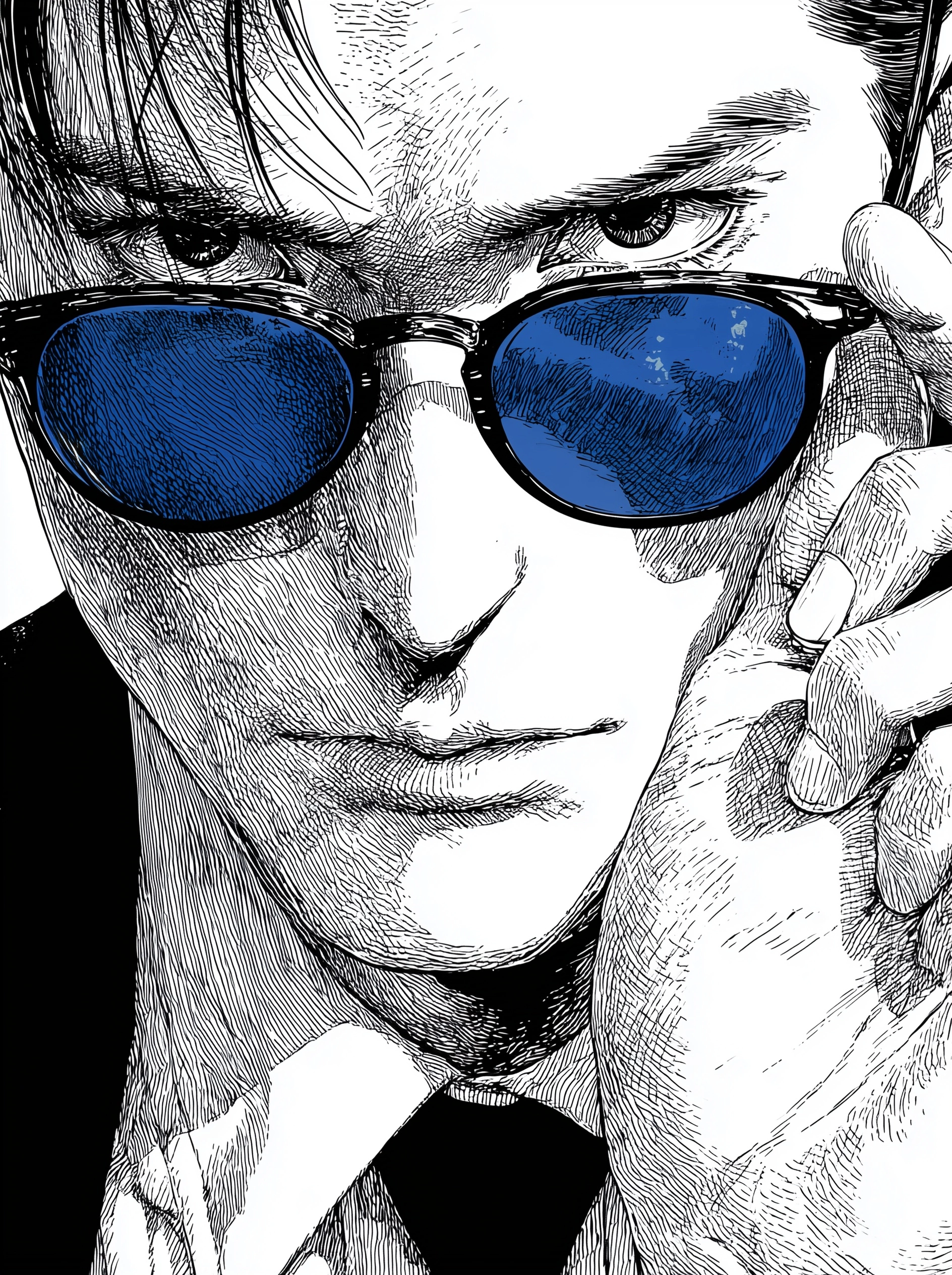 A handsome man in a black and white suit, wearing blue sunglasses with dark lenses on his eyes