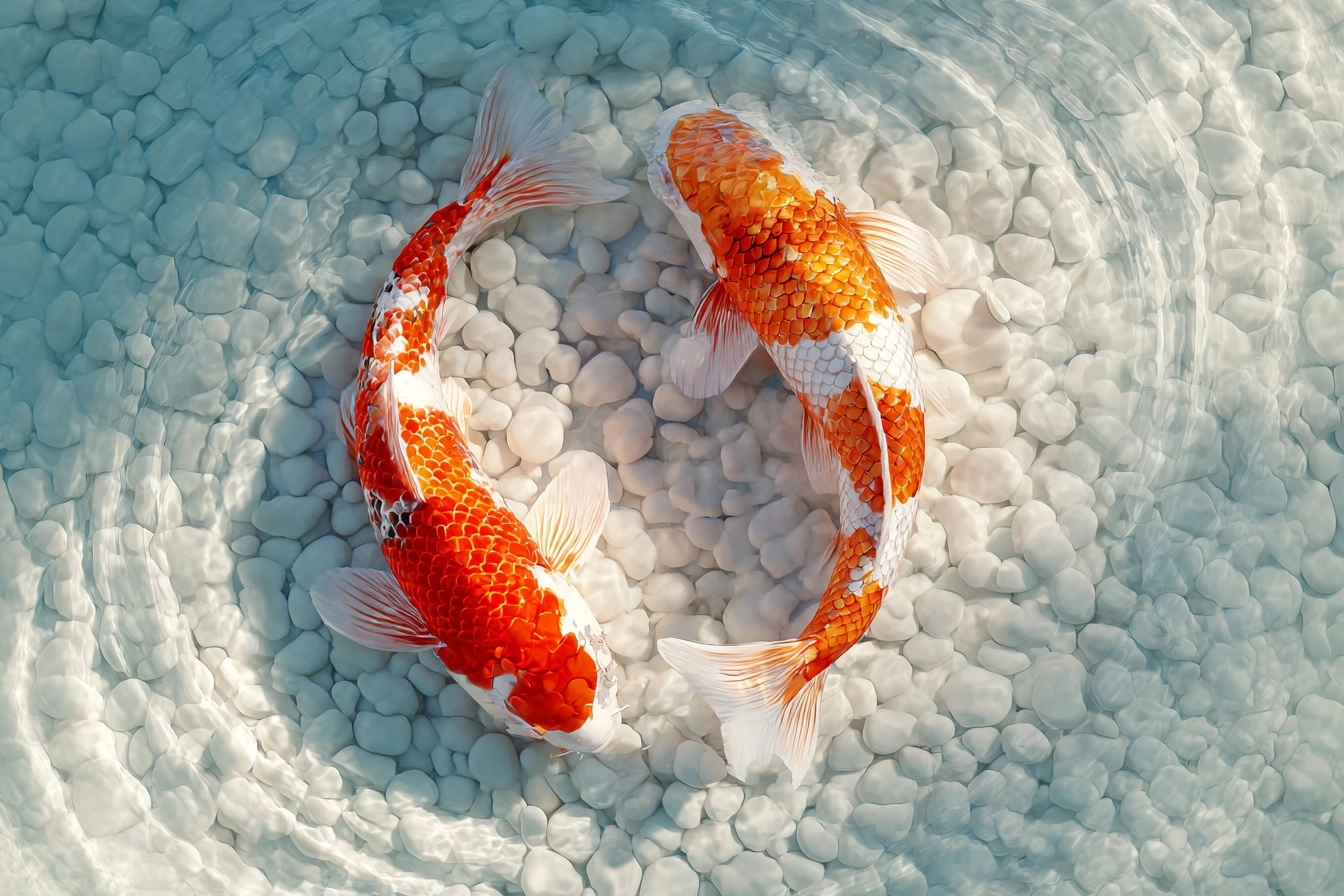 Two majestic koi fish, swimming together in a perfect circle forming a dynamic Yin Yang symbol. They