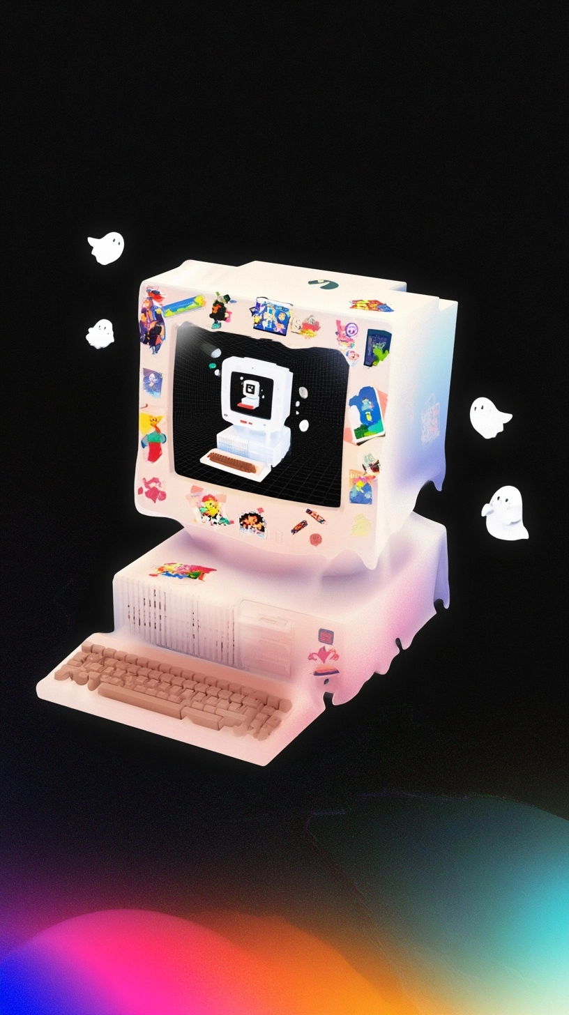A close-up of a retro computer screen from a completely frontal perspective. There is a keyboard und