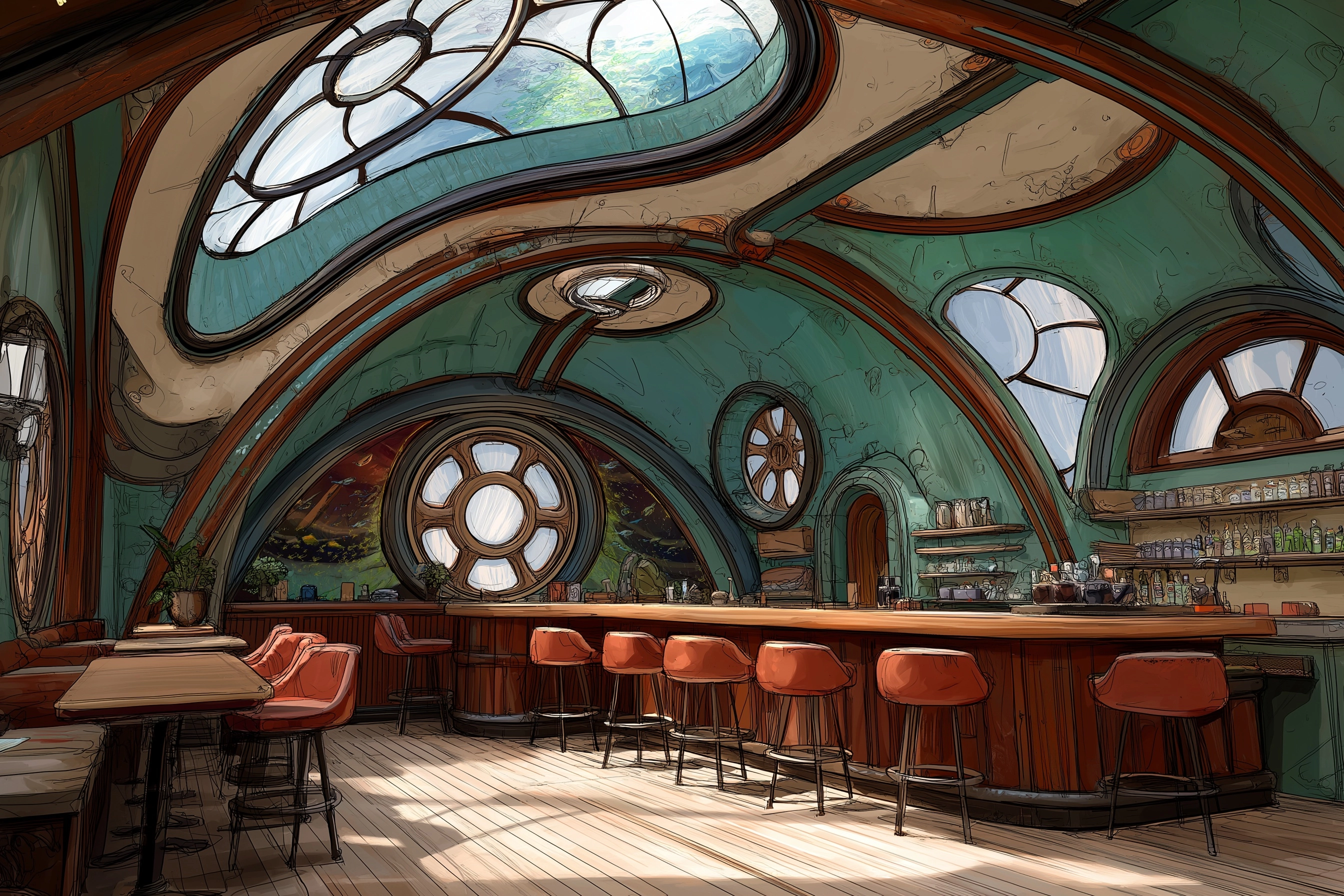 Pelagic steampunk café , featuring clever refreshment technology