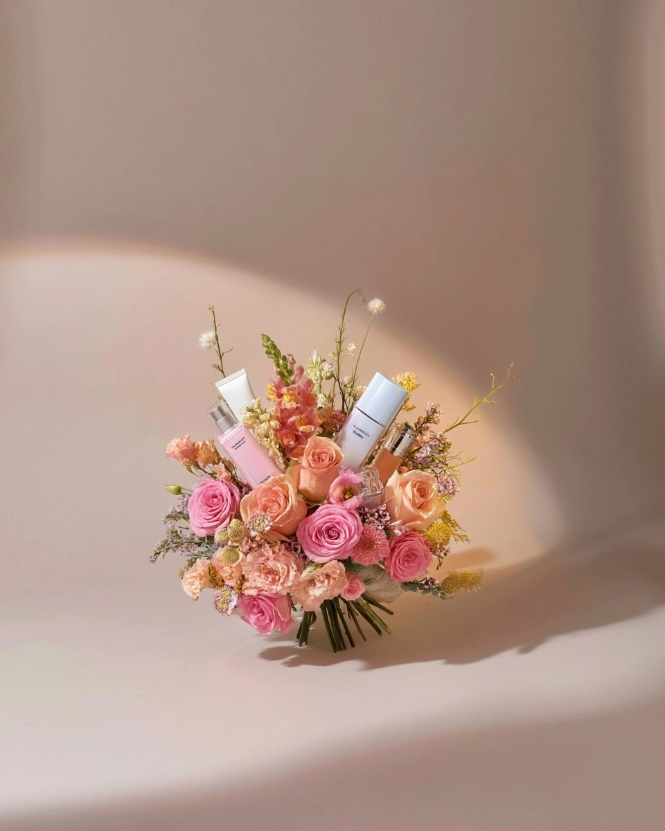 A high-end studio photoshoot of the exact same cosmetic bouquet
