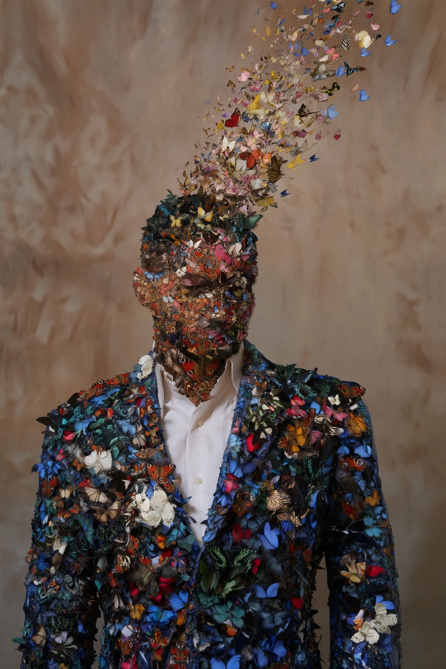 A stylish, mature jacket and suit, with butterflies gradually transforming into a human body and hea