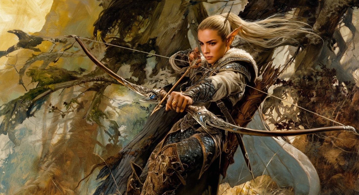 A Todd Lockwood painting of an elven archer