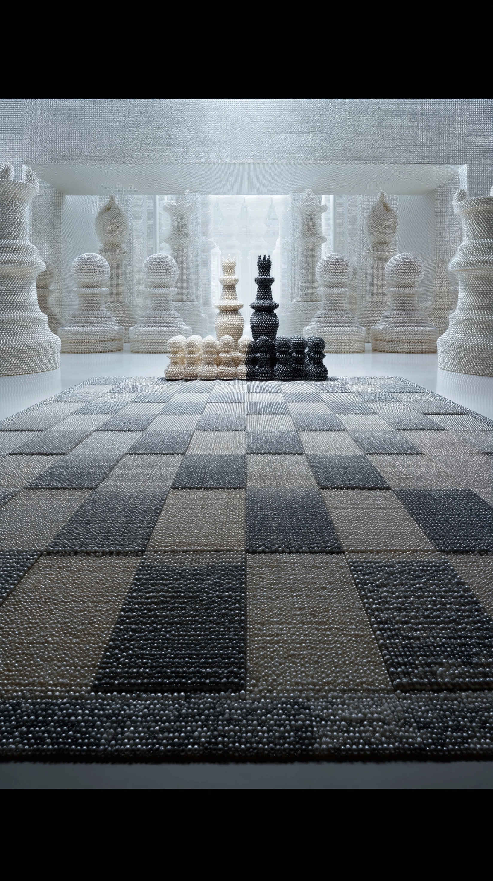 Grand surreal pearl chess universe with a giant chessboard made of tiny pearls
