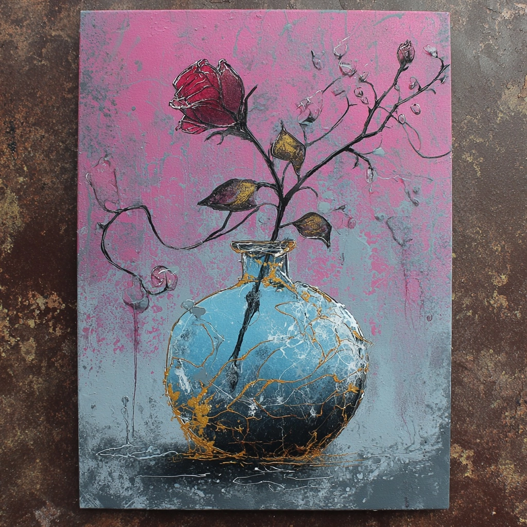 Frozen rose in gothic vase, fantasy acrylic painting, style pop-art.