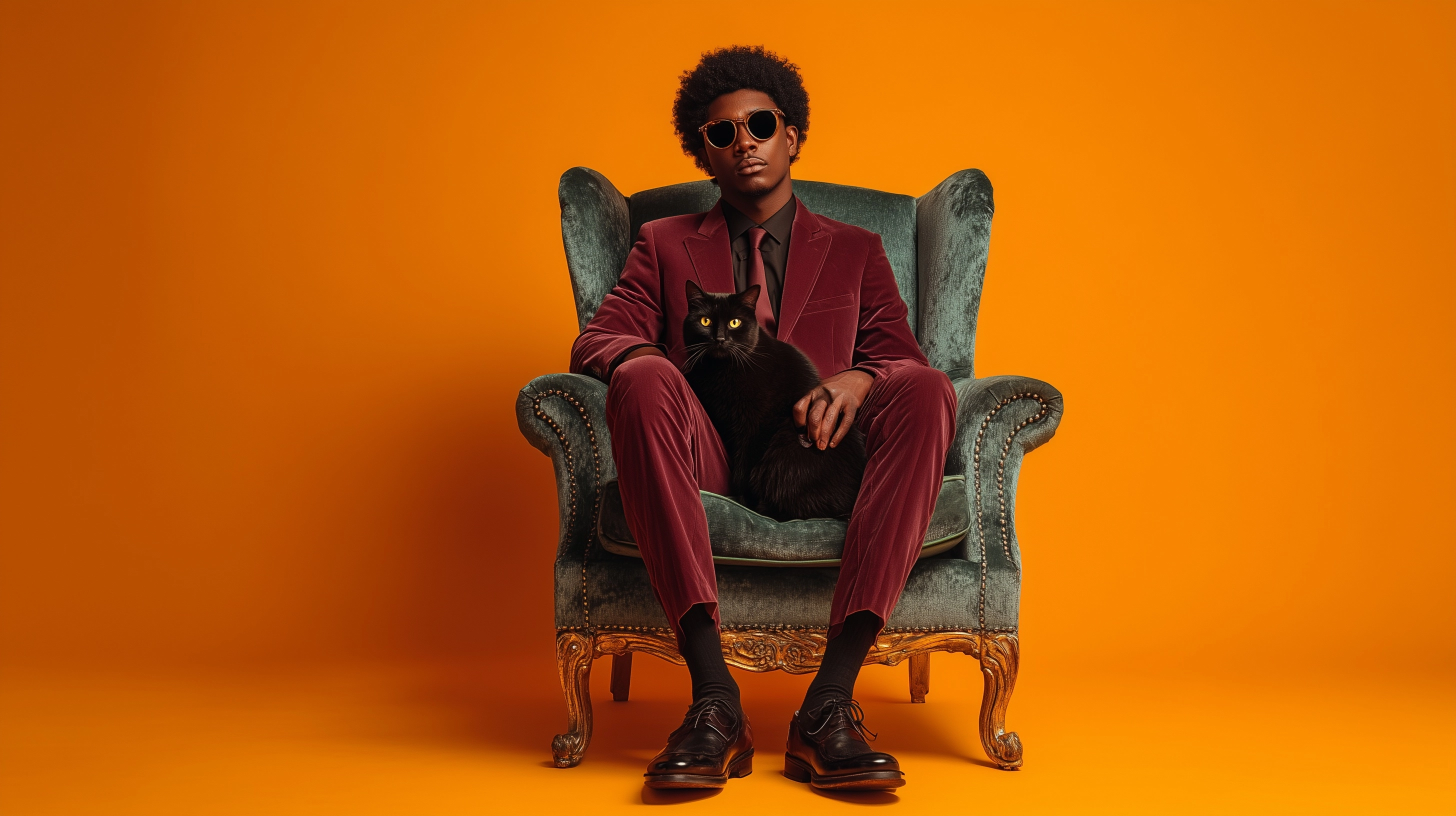 Portrait of a stylish young Black man with an Afro and a deep burgundy velvet suit