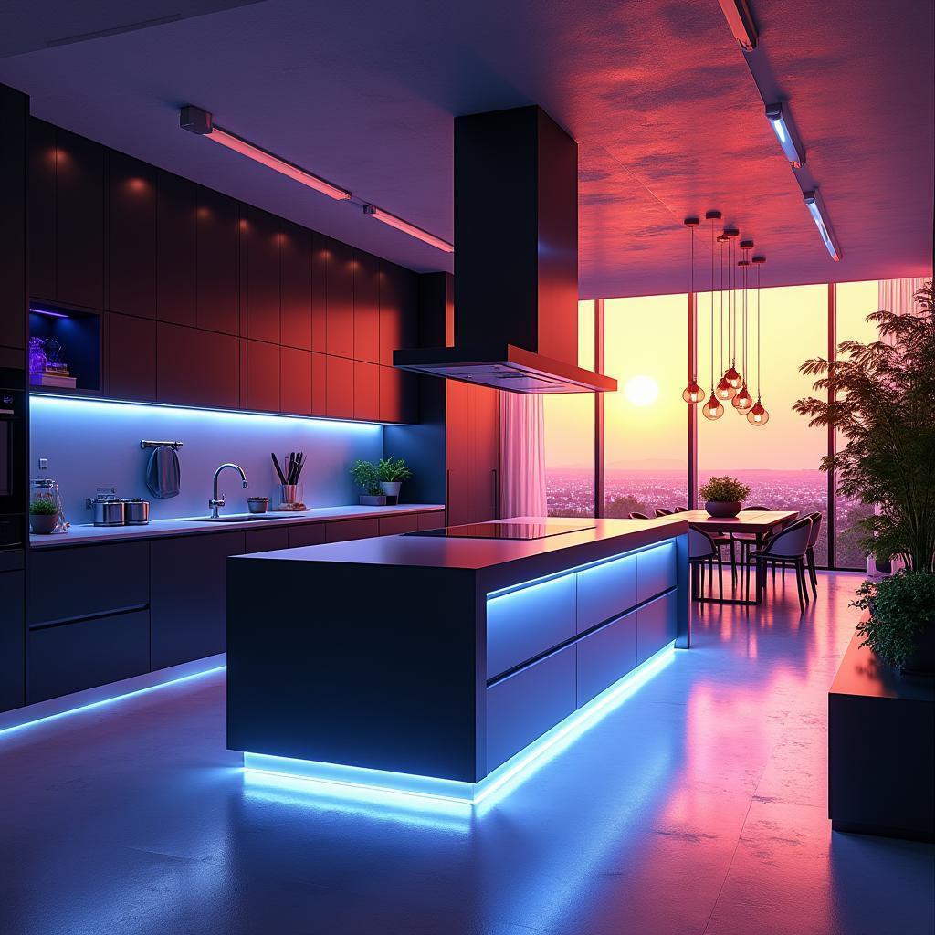 Neon Drenched Kitchen Glowing at Golden Hour