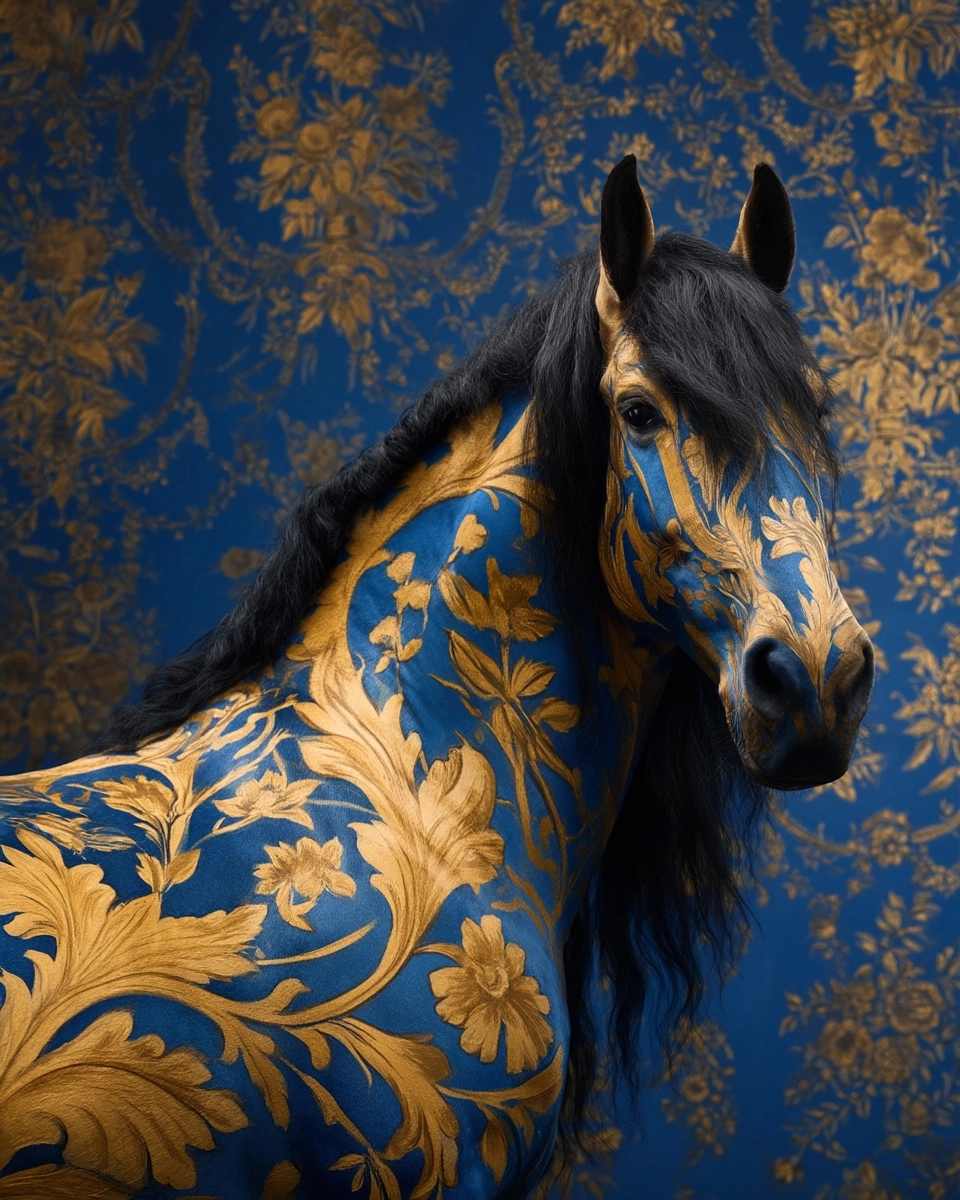 Featuring a luxurious golden and blue friesian horse with floral patterns