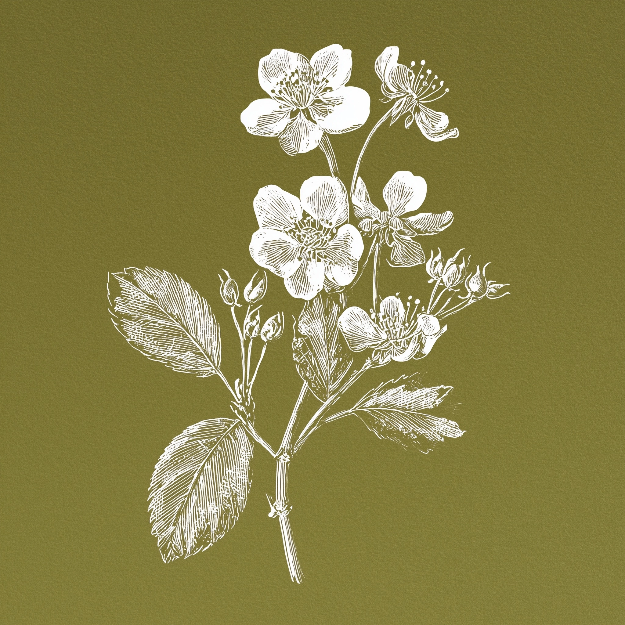 Illustration of a hawthorn plant, line art, white ink on an olive green paper background.