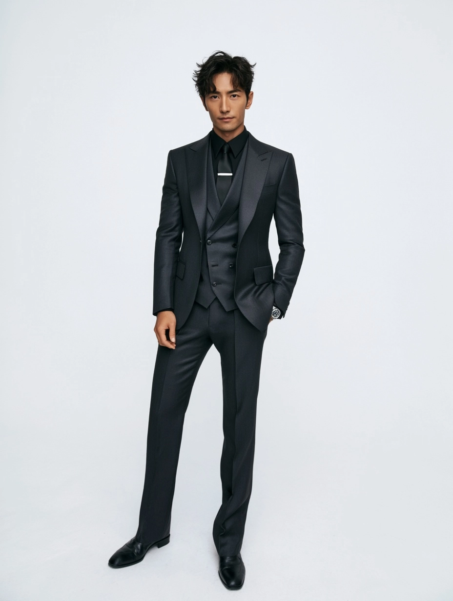 Asian Drama Leading Man in a Charcoal Three-Piece Suit