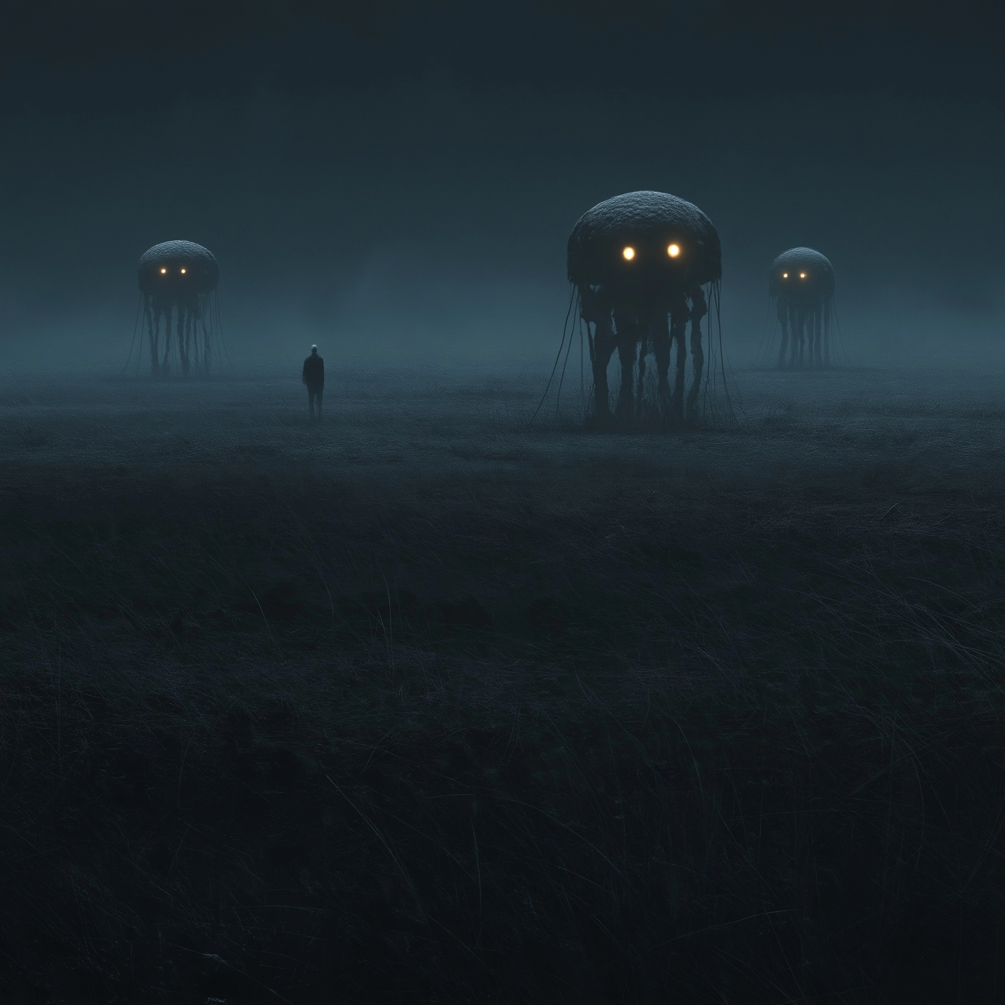 Minimalist surreal horror art of jellyfish-like monsters with glowing eyes standing in a foggy