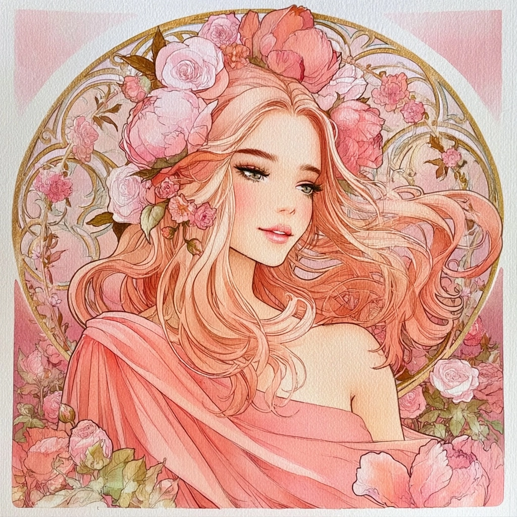 In the style of Alphonse Mucha, a young woman with loose flowing strawberry-blonde hair woven with p