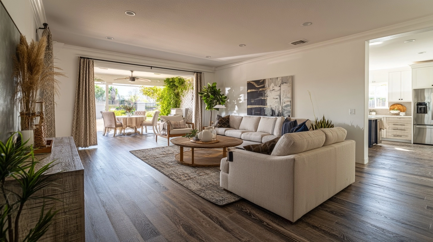 The inside of an upper-class home in the Fresno California, neutral colors, professional photograph