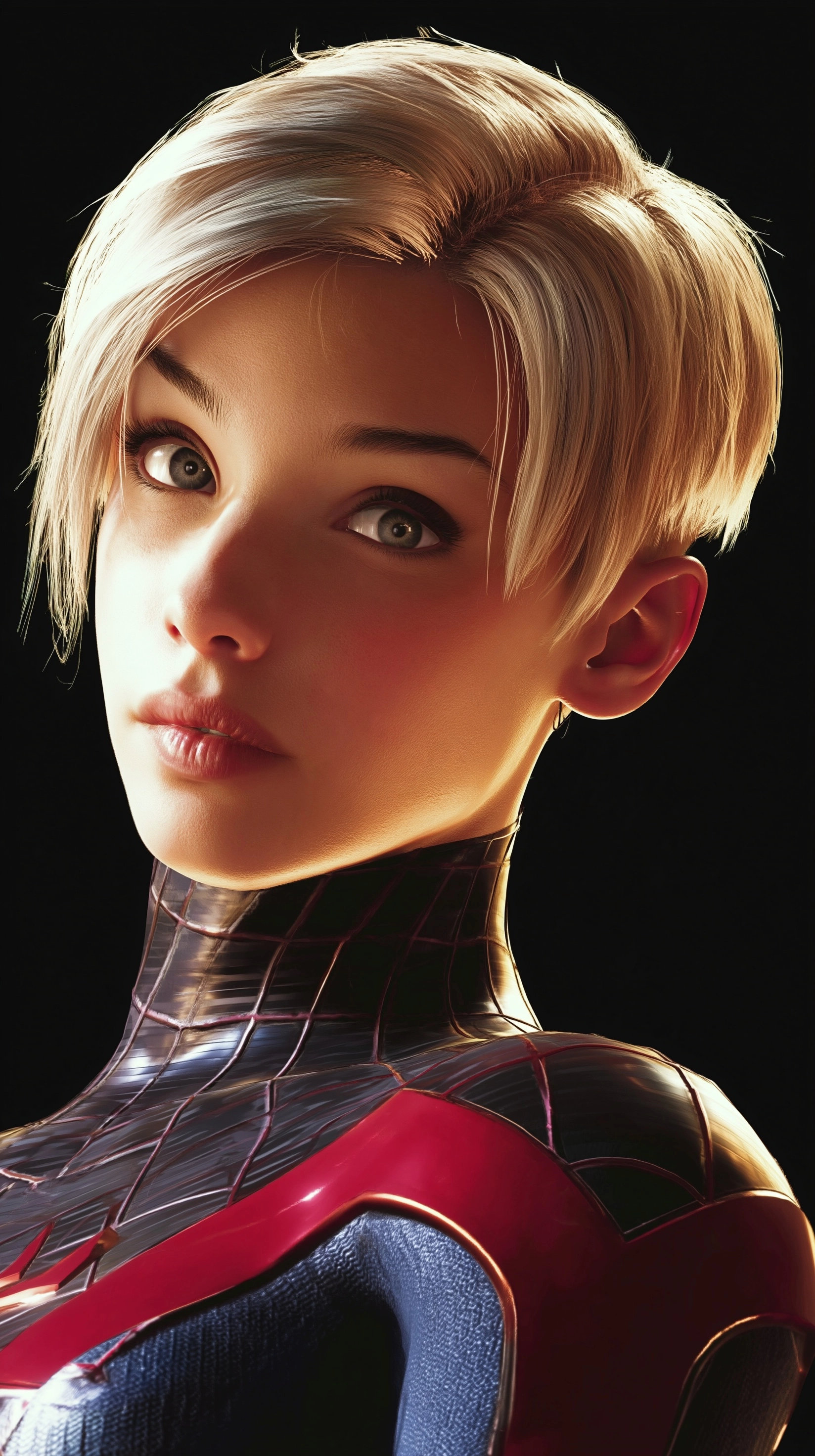 An extreme close-up portrait of Spider-Gwen . Looking over his shoulder.. Black background.