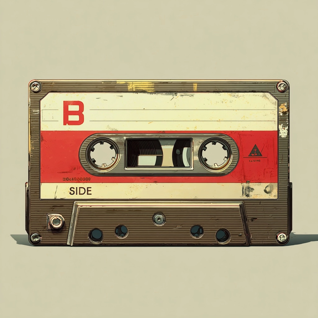 Vintage graphic of a brown white and red colored cassette tape with B side written on it.