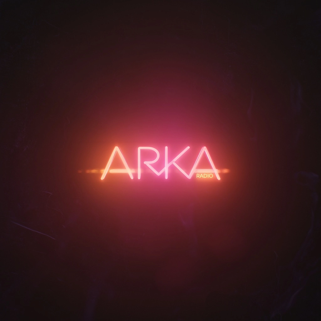 Minimal logo "ARKA" with small "radio", soft glowing warm neon pink and orange