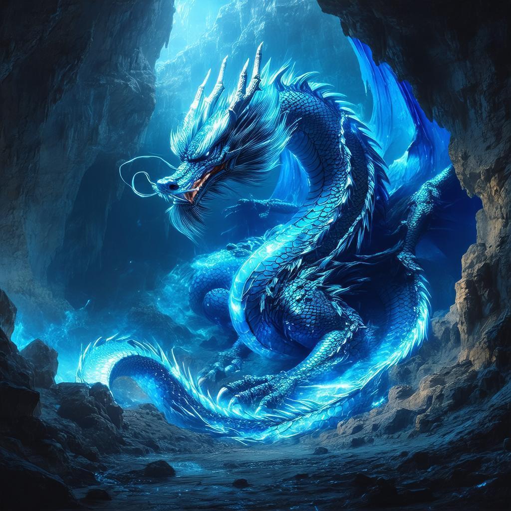 Metallic Blue Dragon Coiled in Ethereal Cavern