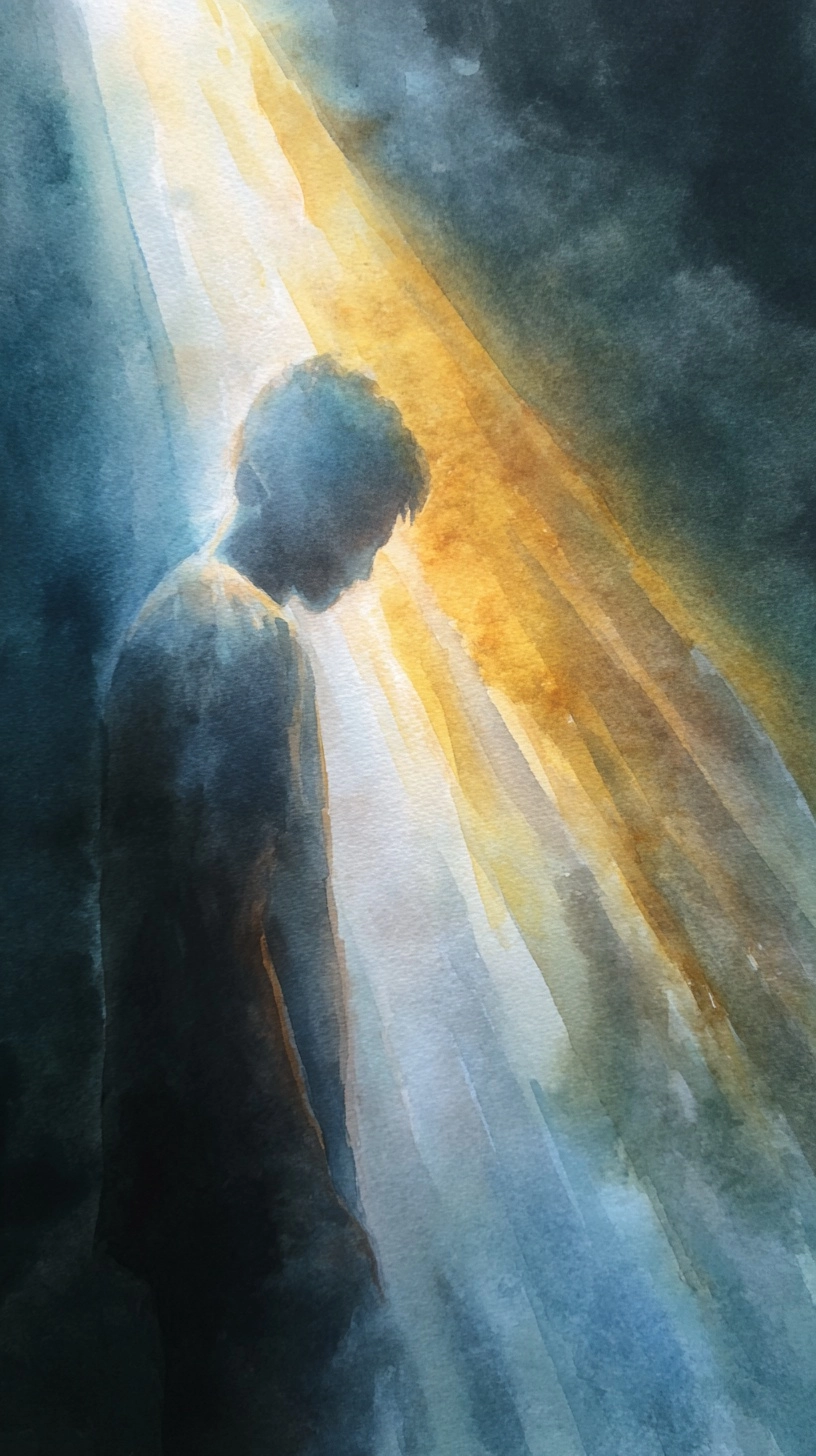 A water color image of a light shining down on a person, water color style