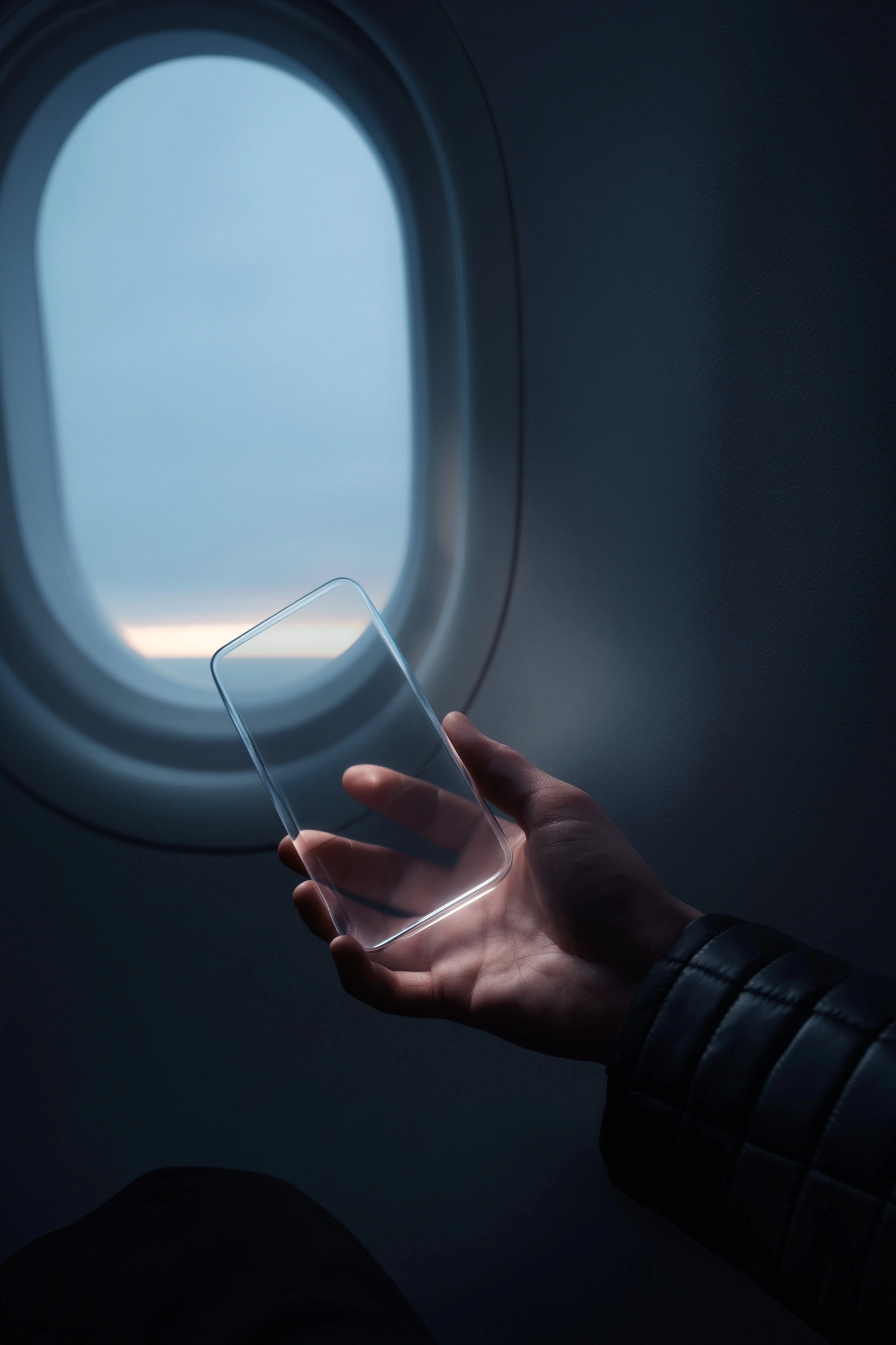 Inside an airplane at dusk, passenger hand holding a crystal-clear transparent phone