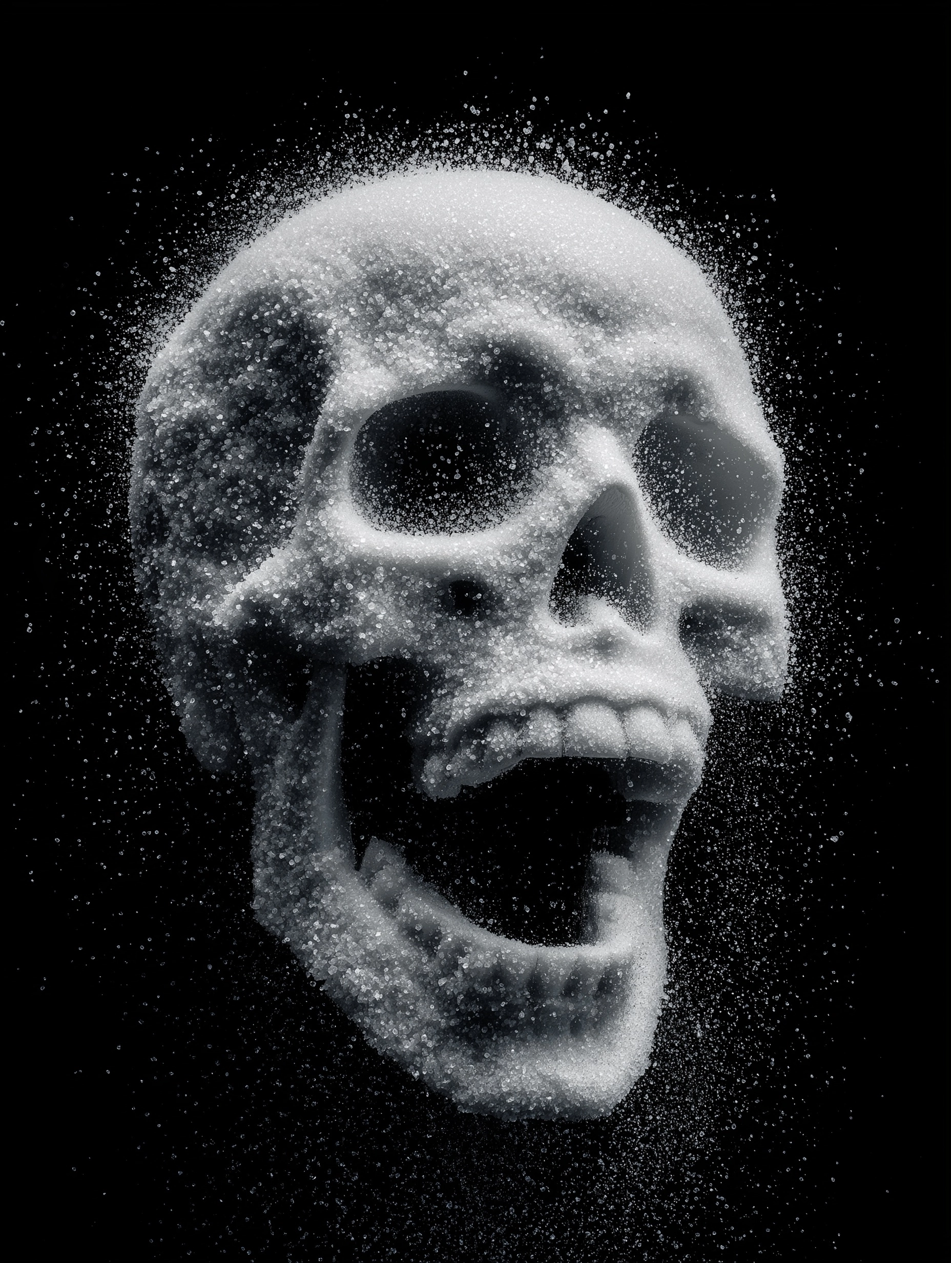 A skull, with it's mouth open, made of sugar, black background, threshold effect