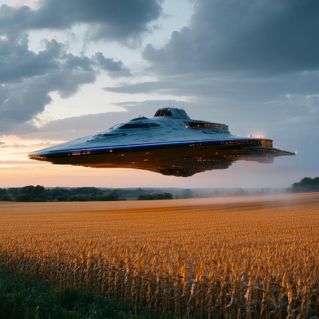 Glowing Spaceship Hovering Over Twilight Cornfields