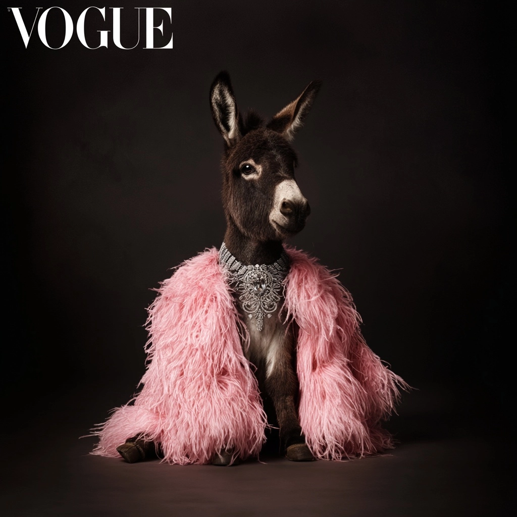 A small DONKEY female sitting elegantly, wearing a luxurious pink feather coat and sparkling diamond