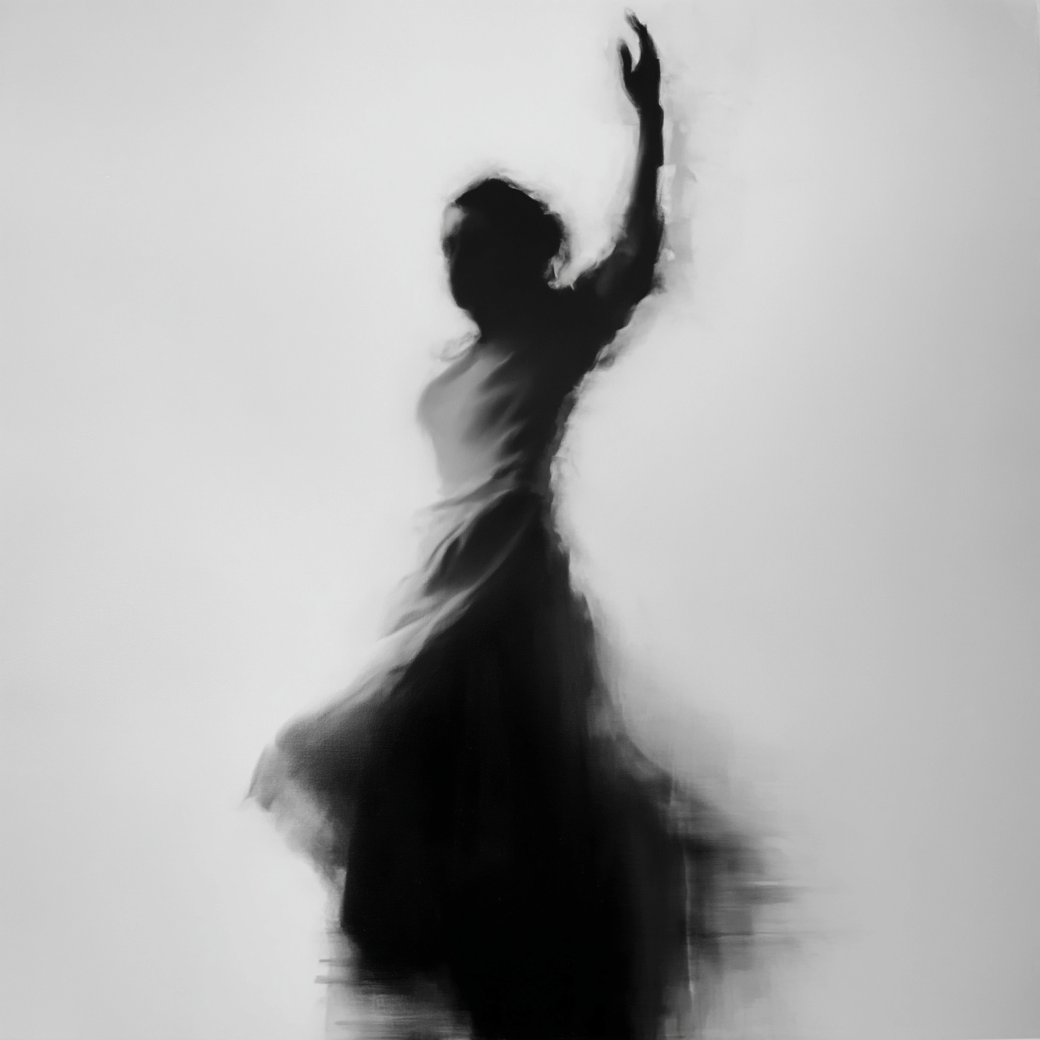 Black and white expressive figure, painterly interpretation, soft tonal transitions