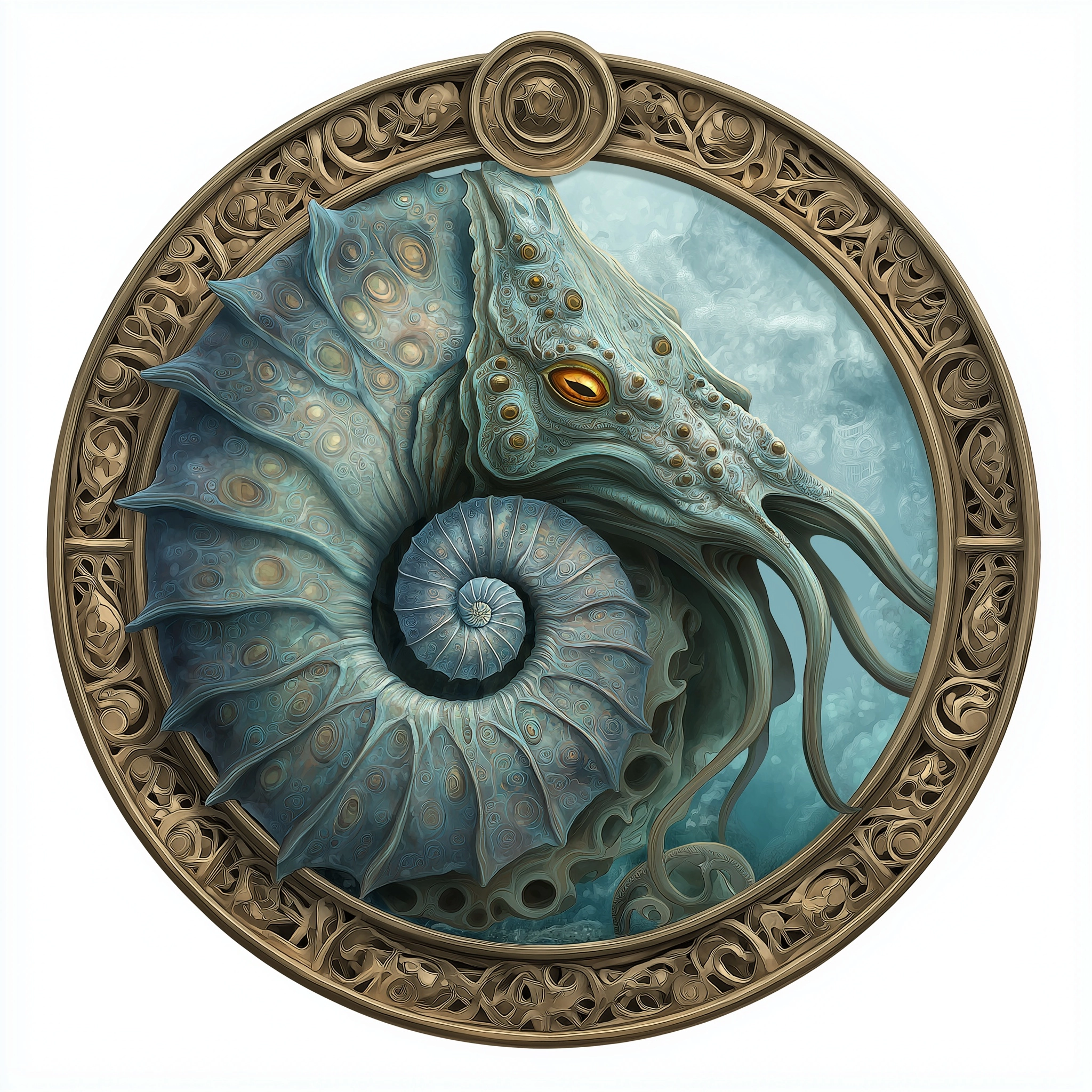 A dnd rpg token of a nautiloid aberration, behind the token white background, medieval