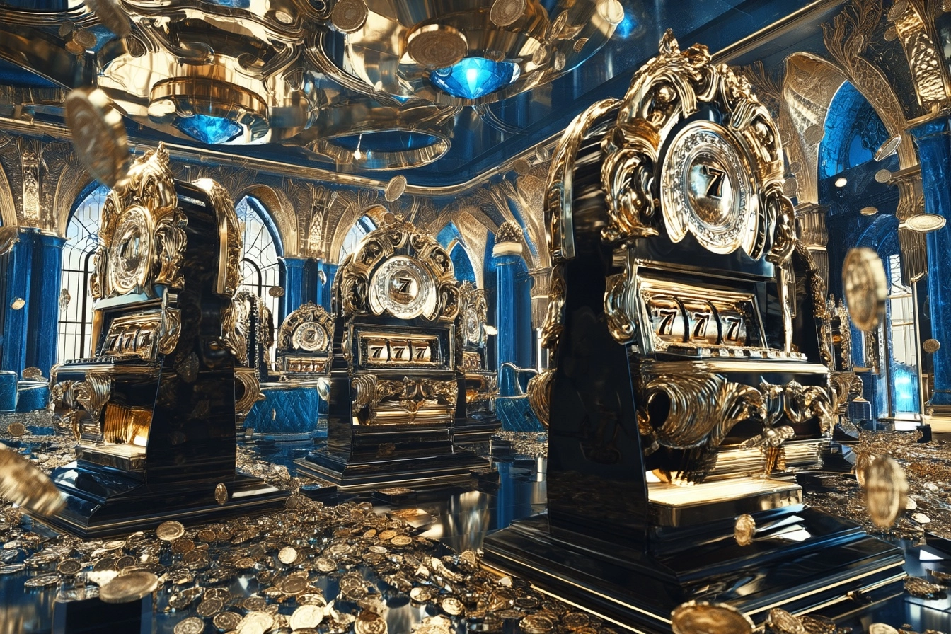 Cinematic premium 3D casino advertising art, elegant flowing motion, dynamic diagonal composition