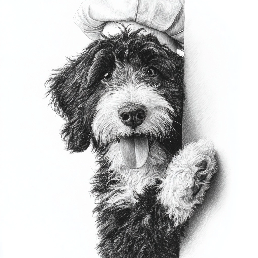 Full body of a Bernedoodle peeking from behind a vertical wall or edge with his tounge out playfully