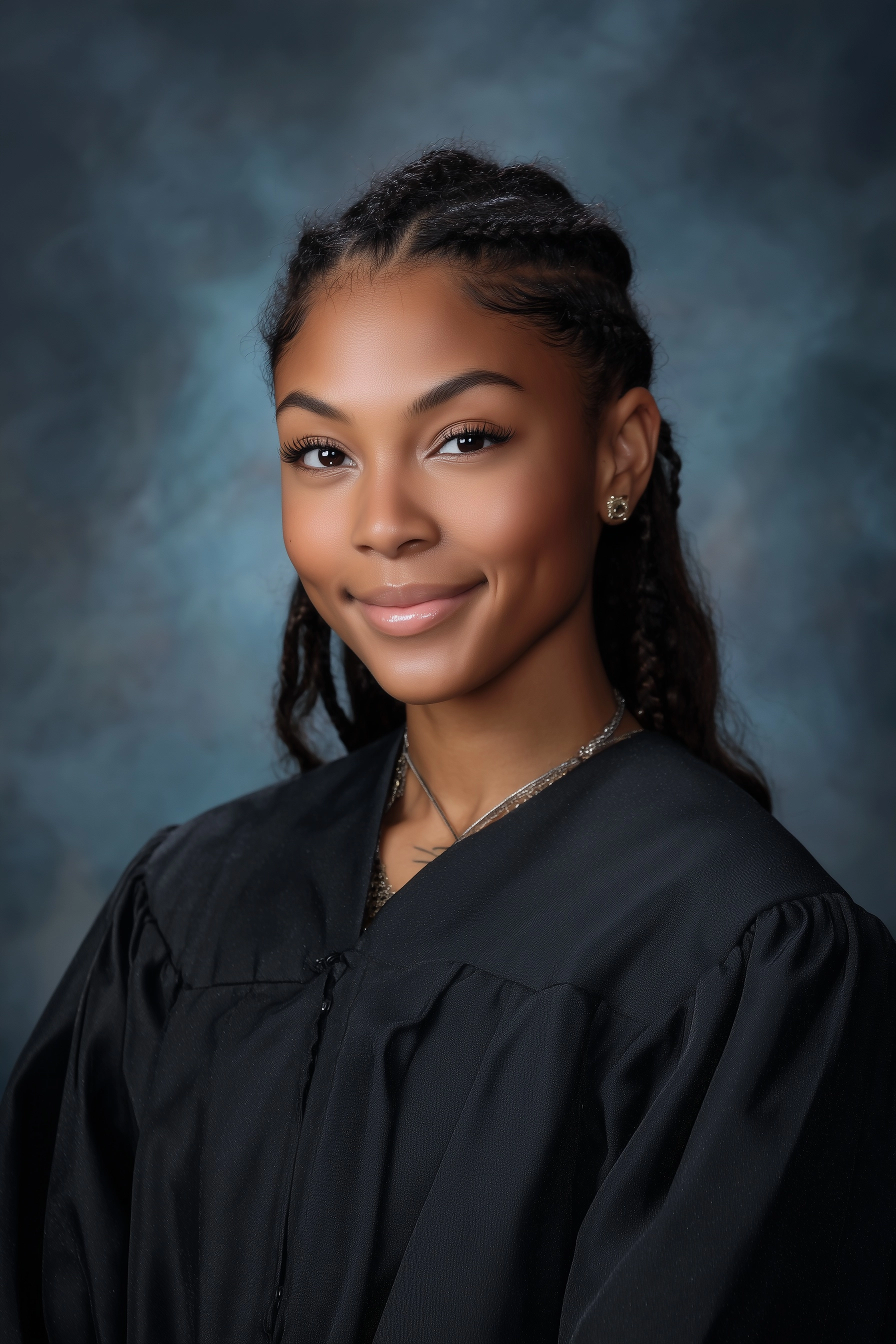 Graduation headshot of young black female, high school, with the standard school picture background