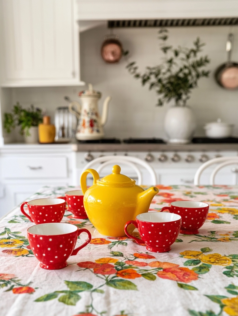 A cozy white kitschen in Provance. on the table is yellow teapot with 5 red polka dot cups.
