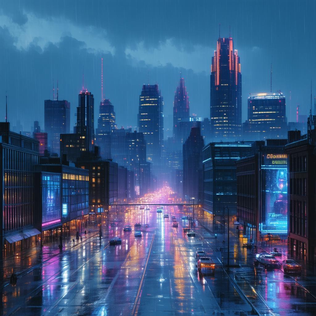 Neon Birmingham Skyline on Rain Slicked Streets