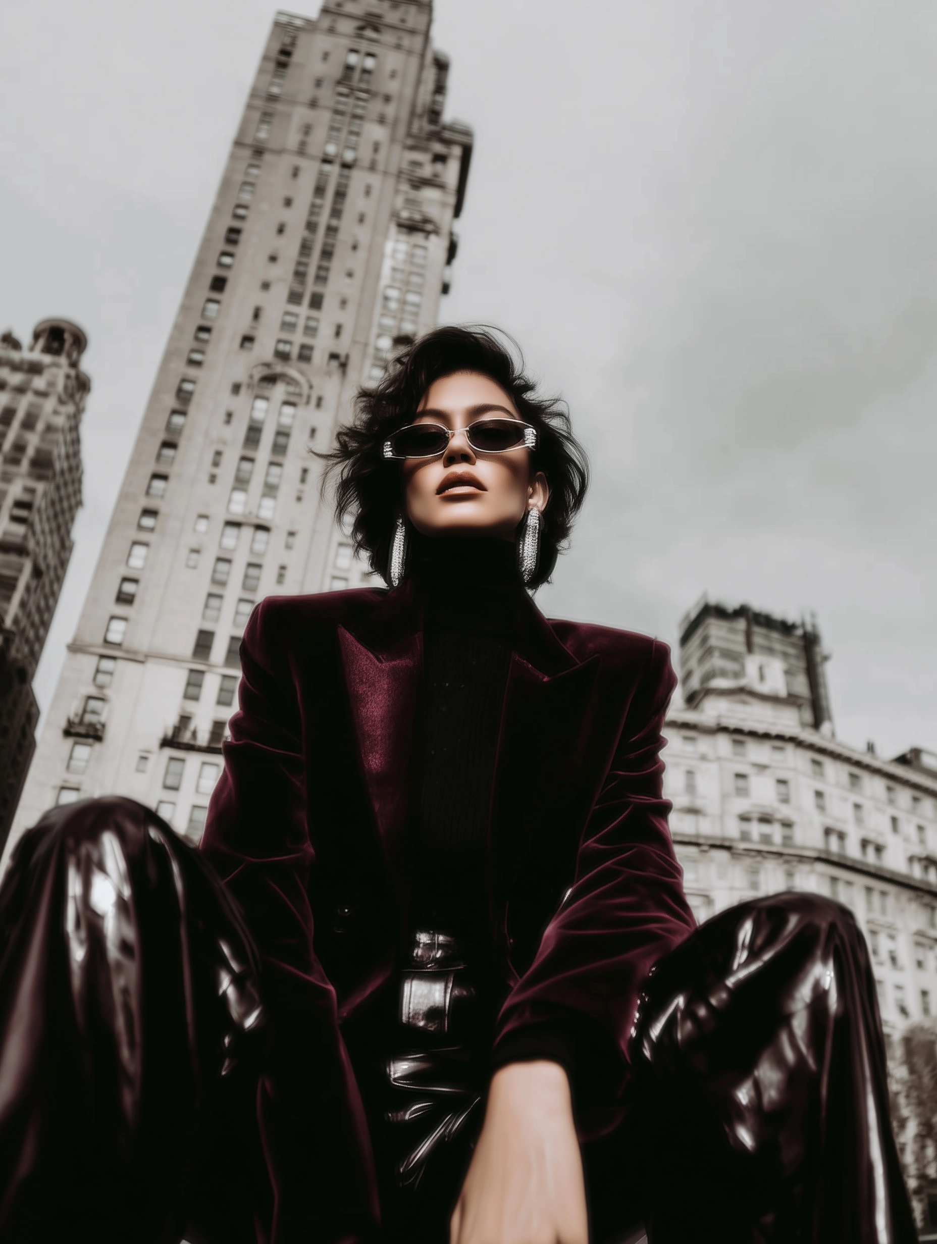 Fashion photo shoot in the style of Vogue magazine. Brunette girl posing in New York city