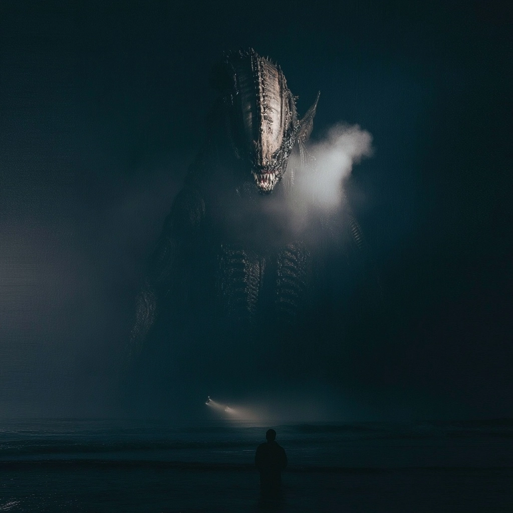 Futuristic movie poster featuring detailed monster designed by renowned artist Drew Struzan. Minimal