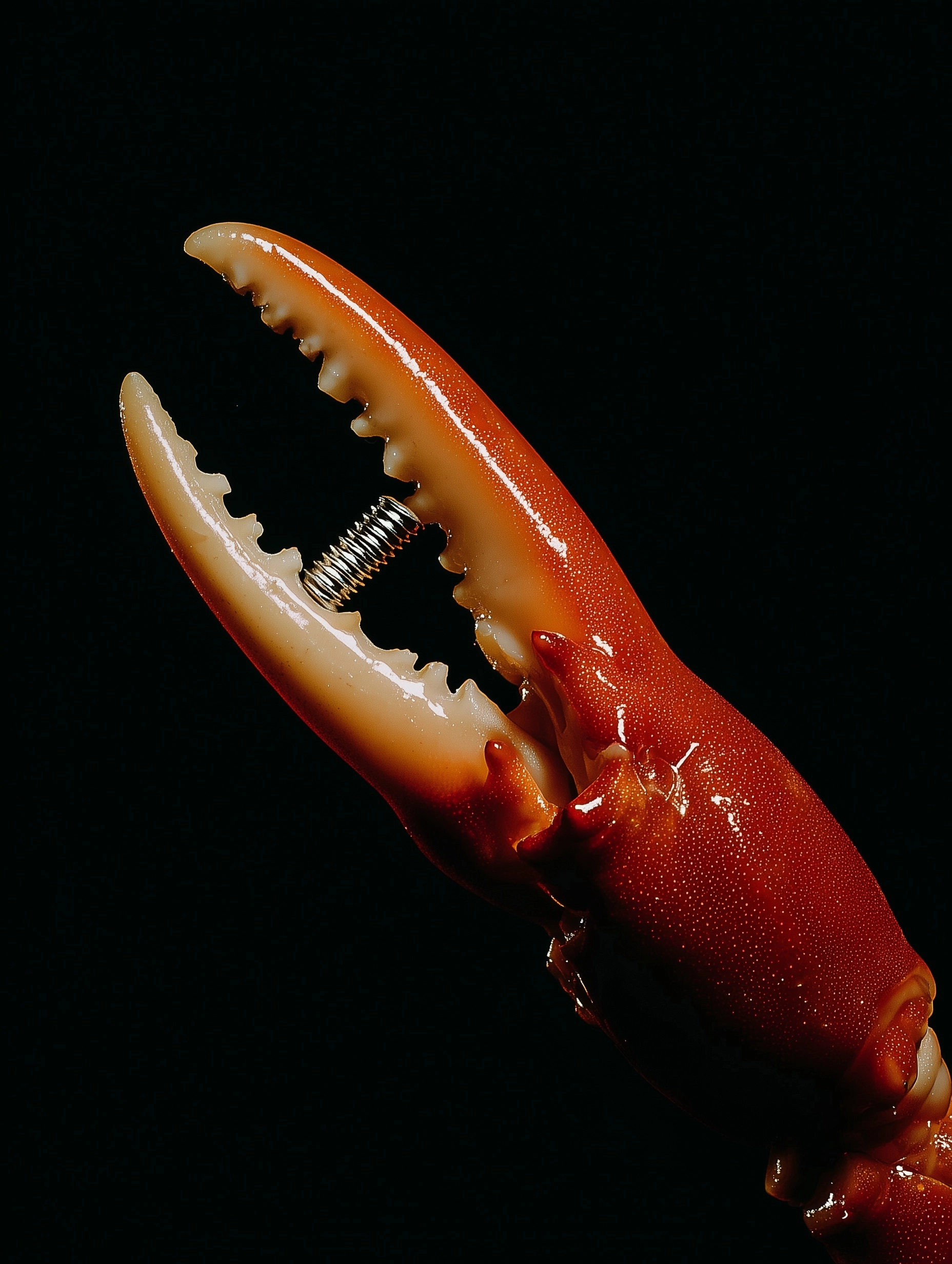 High quality flash shot. a lobster claw holding a screw nut. perfectly centered and Isolated on a bl